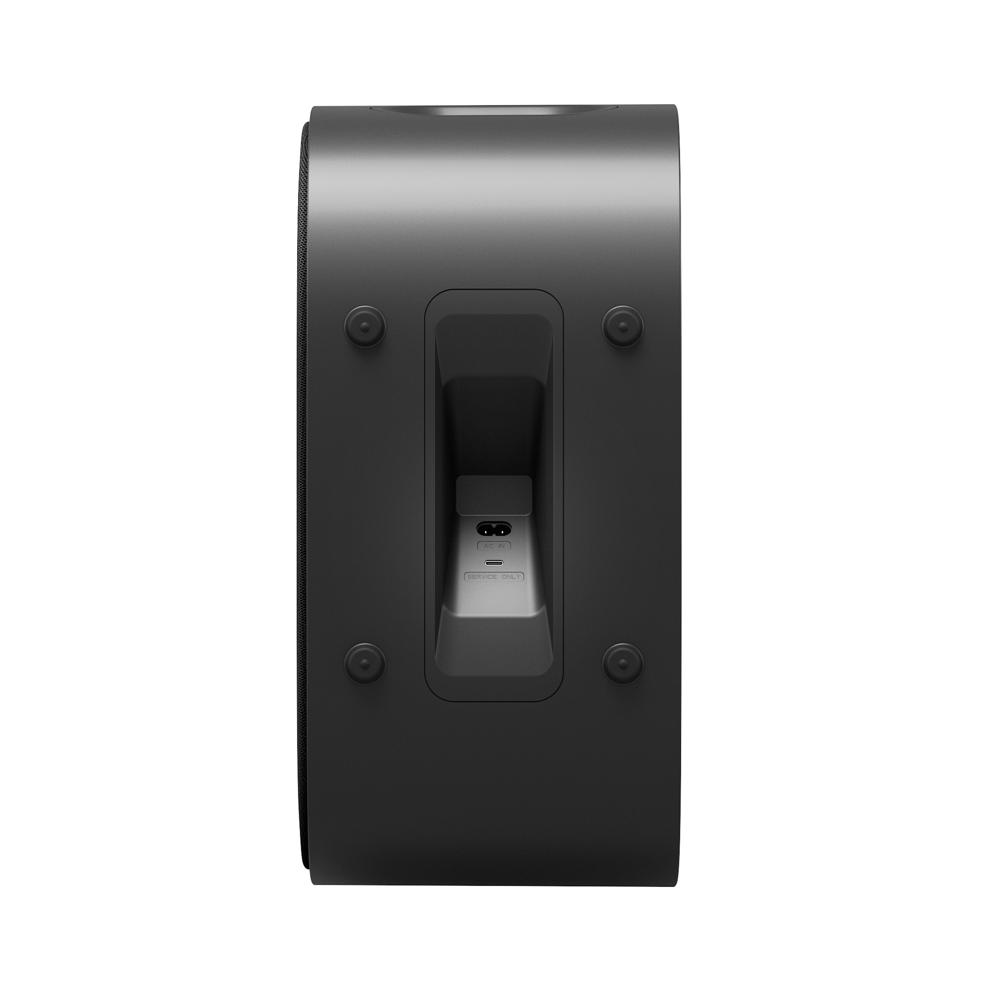 Parte trasera de un altavoz negro con puertos.
