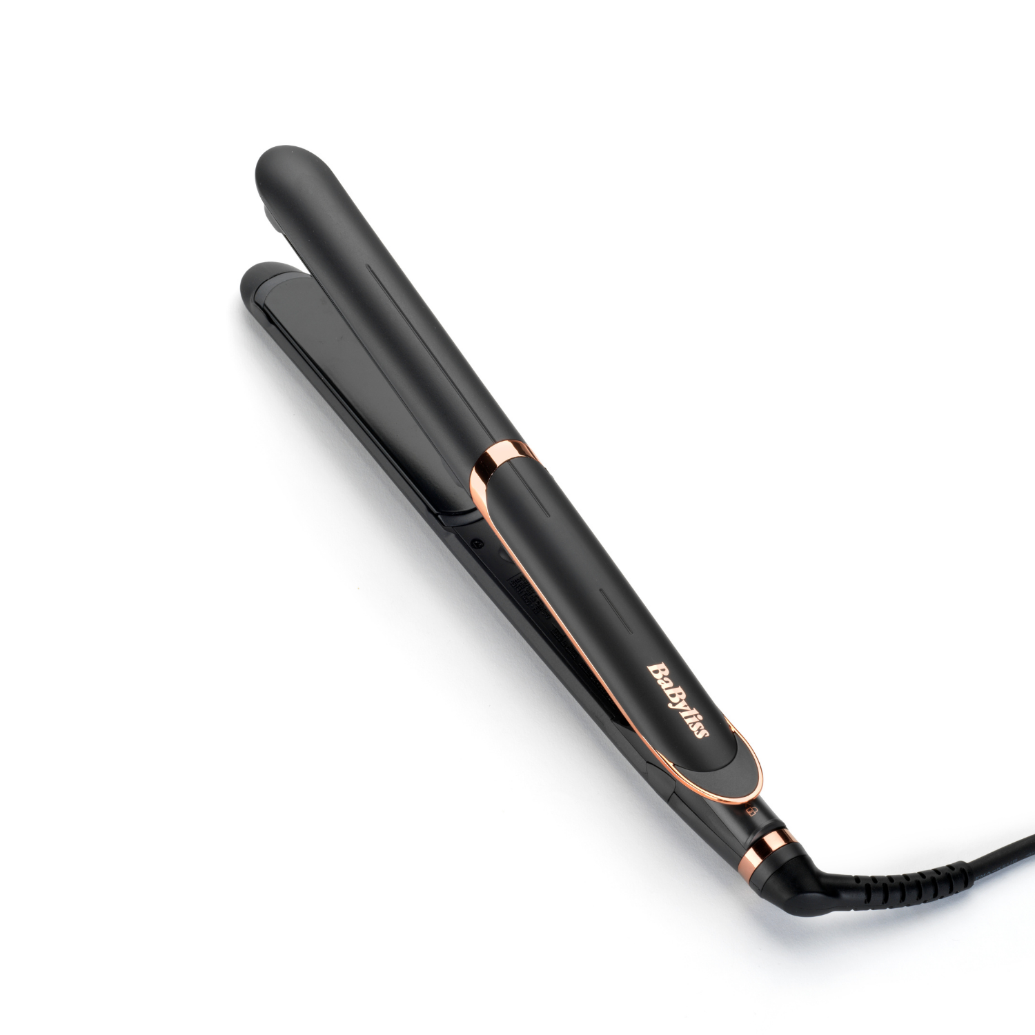 BaByliss logolu, rose gold detaylı siyah saç düzleştirici.