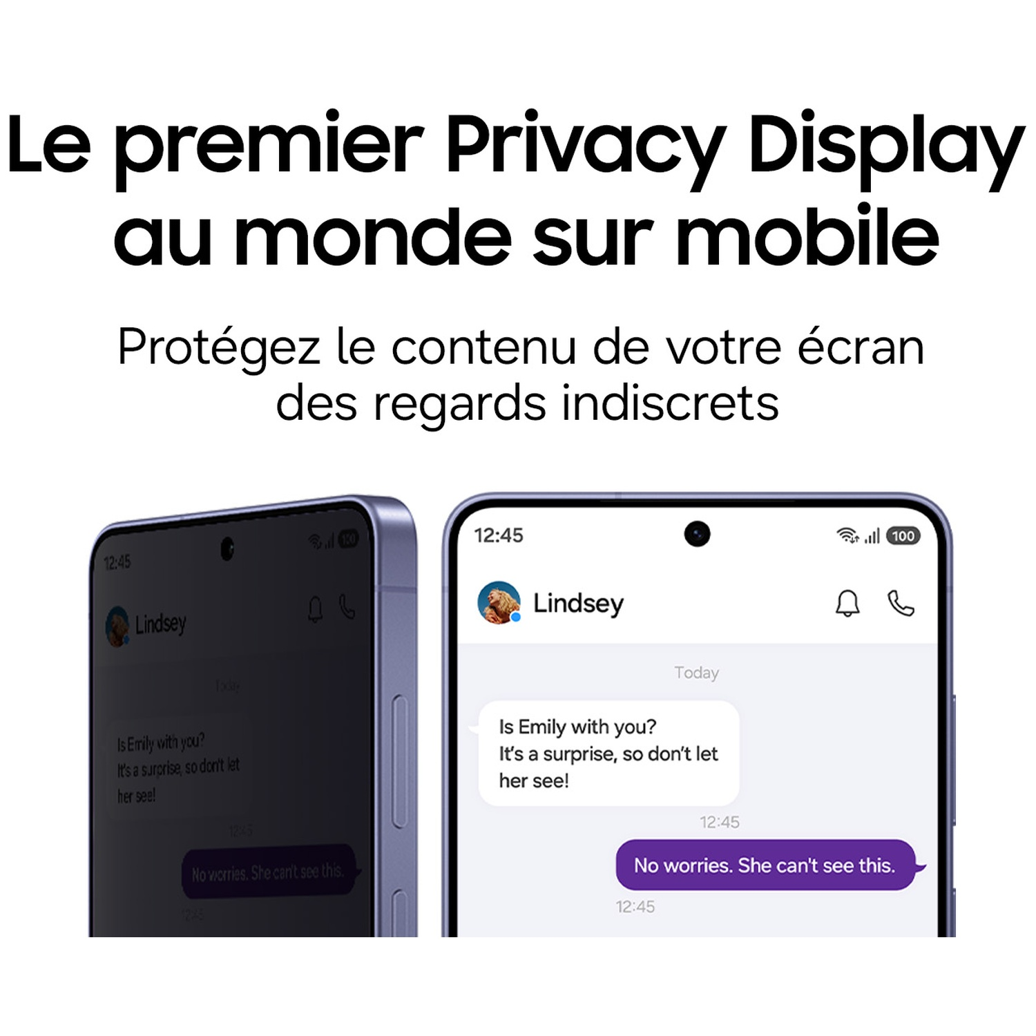 Deux téléphones montrent un chat. L'un a un écran assombri, démontrant la vie privée.