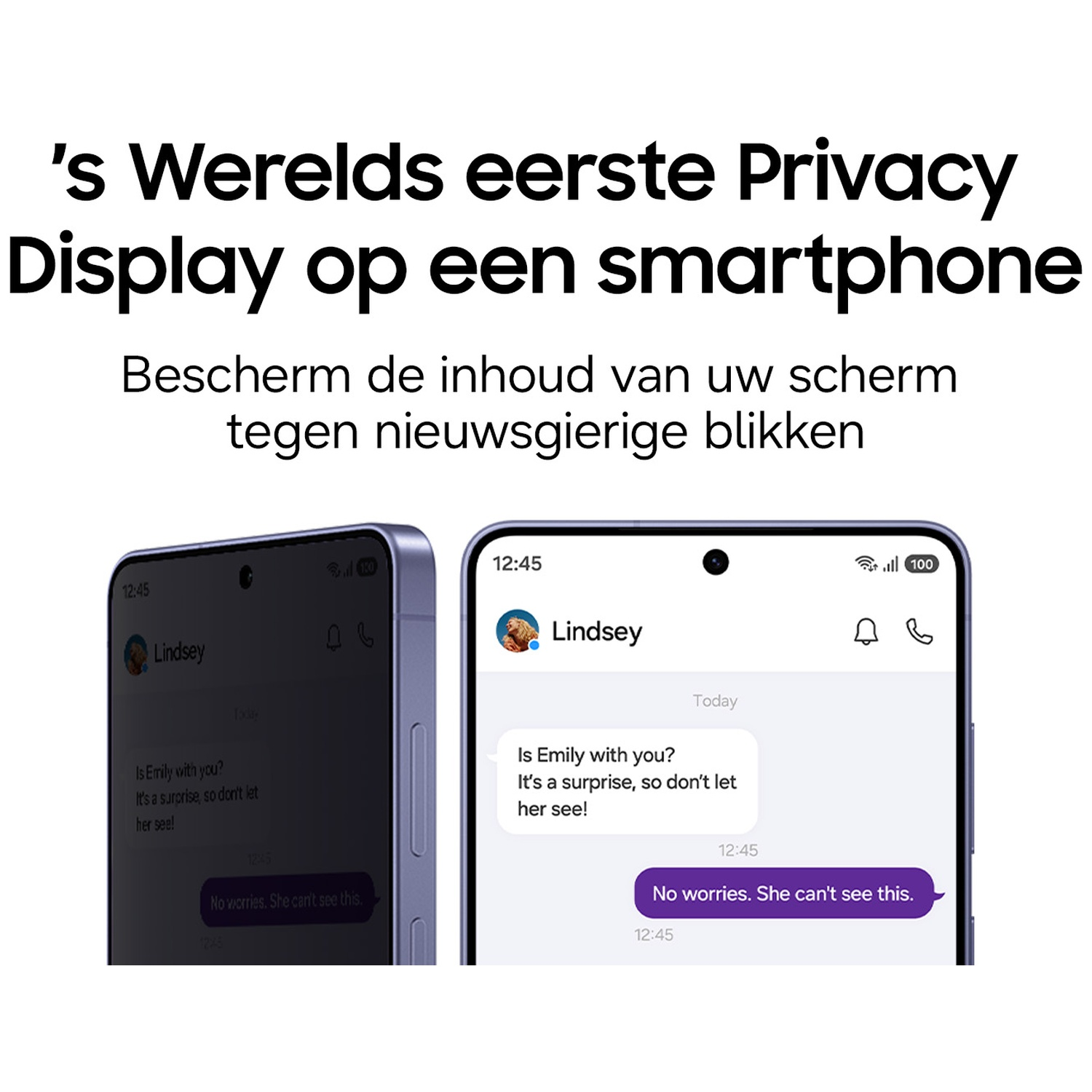 Two Samsung smartphones display a chat message sent on a privacy-protected screen.