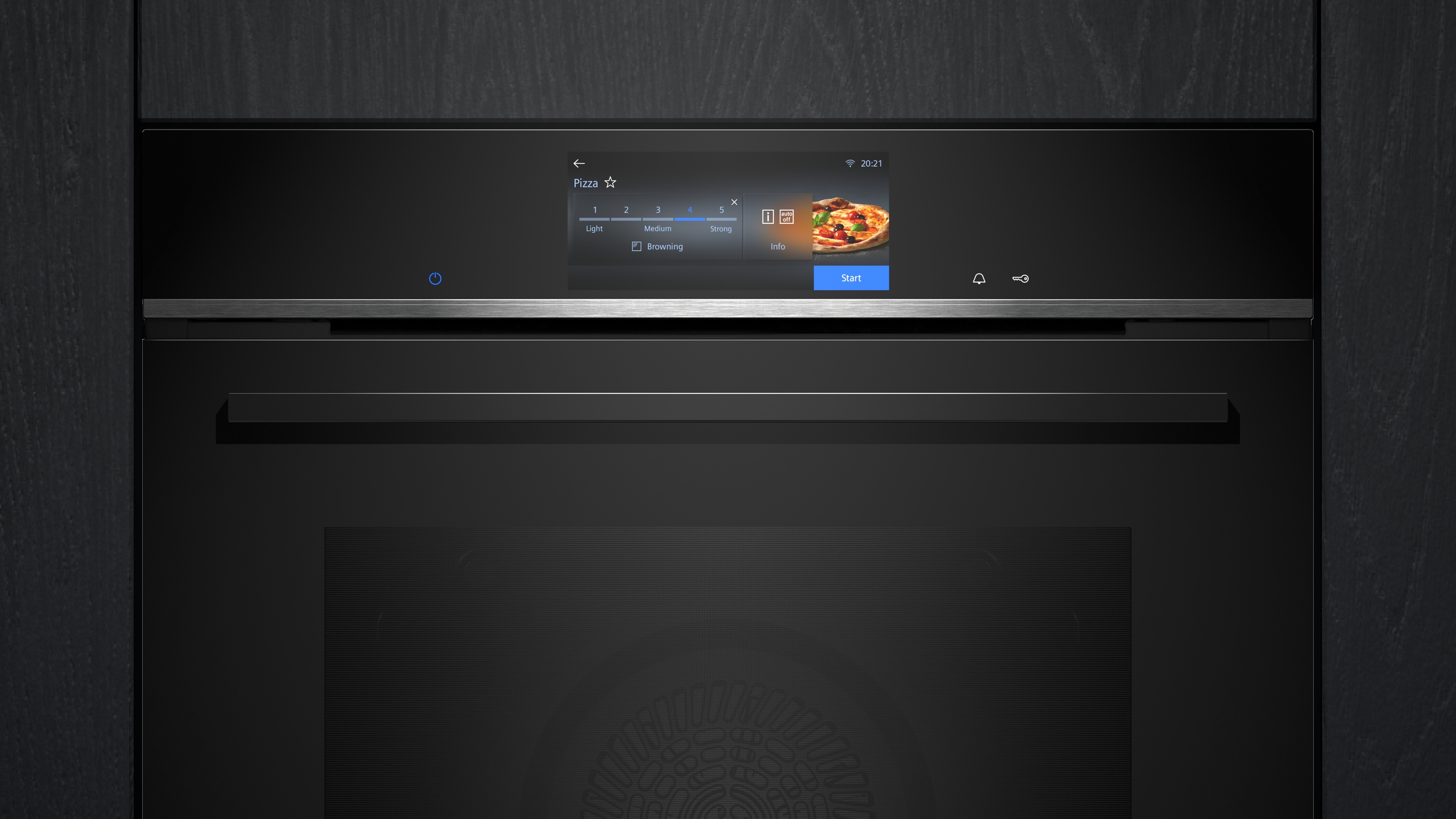 Modernes Kochfeld mit Touchscreen, das Pizza-Einstellungen anzeigt.