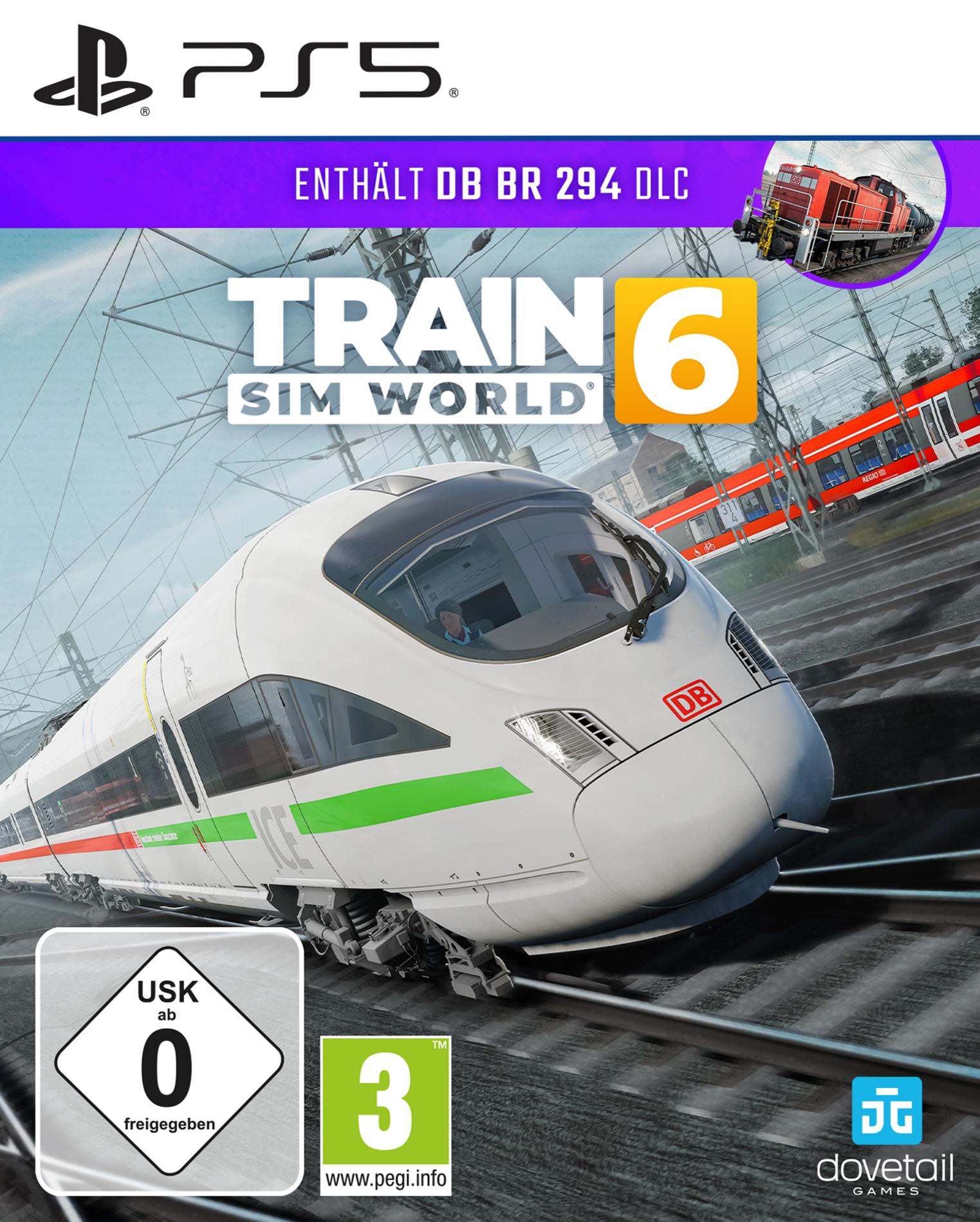 Cover von Train Sim World 6 für PS5, mit einem ICE-Zug und einem roten Zug.