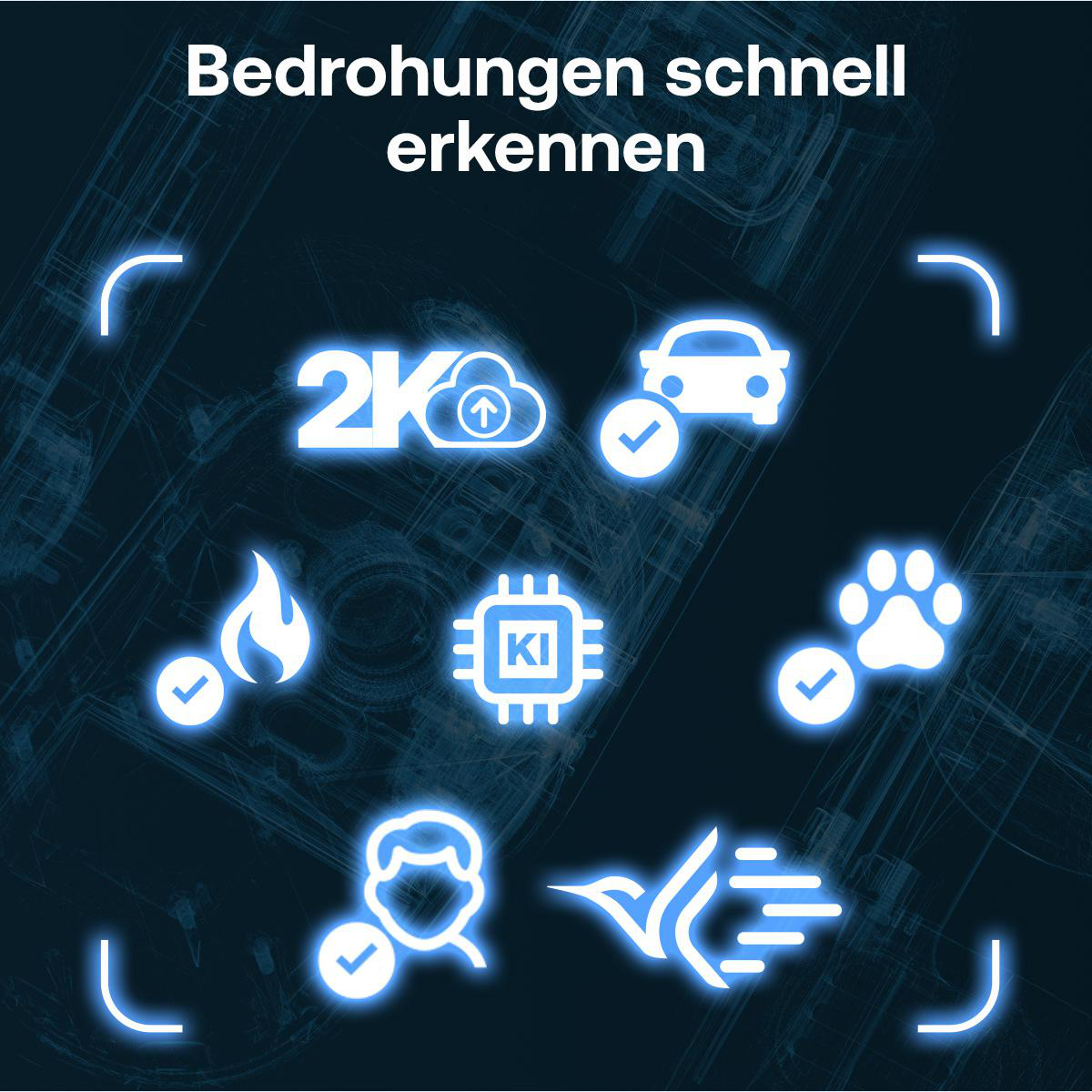 Symbole für KI-Bedrohungen: Auto, Flamme, Chip, Pfote, Mensch, Vogel, Cloud.