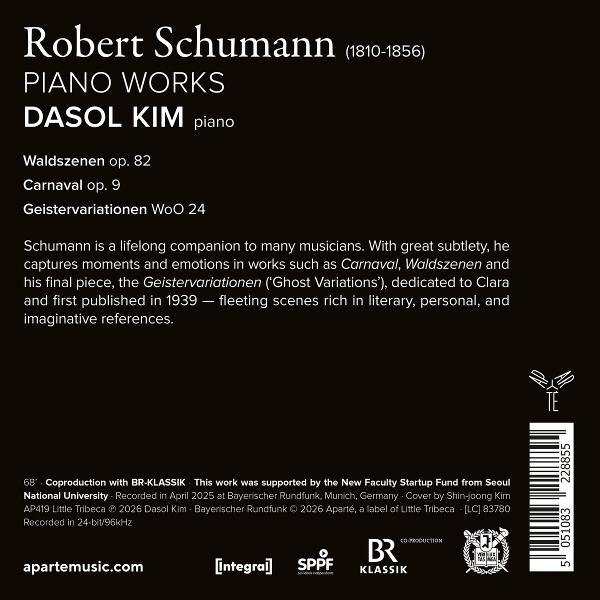 CD-Cover: Robert Schumann, Klavierwerke, Dasol Kim. Mit Titeln, Text und Logos.