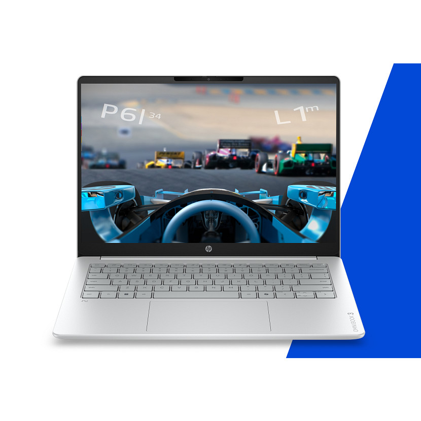 Ein Laptop zeigt ein Rennspiel mit Formel-1-Autos. Der Bildschirm zeigt 