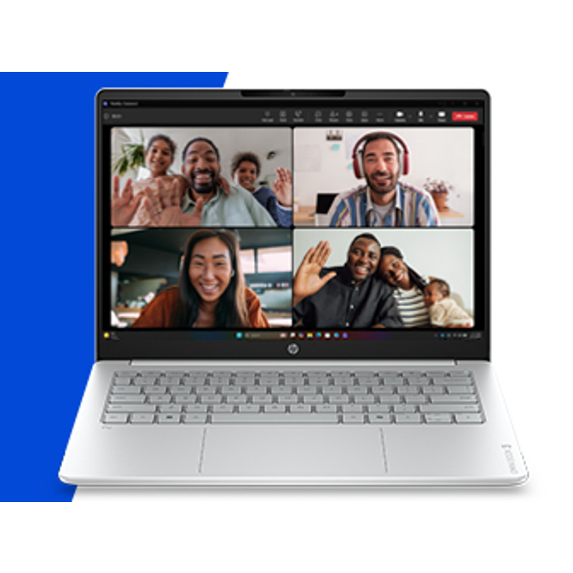 Laptop-Bildschirm zeigt einen Videoanruf mit vier Personengruppen, die lächeln und winken.