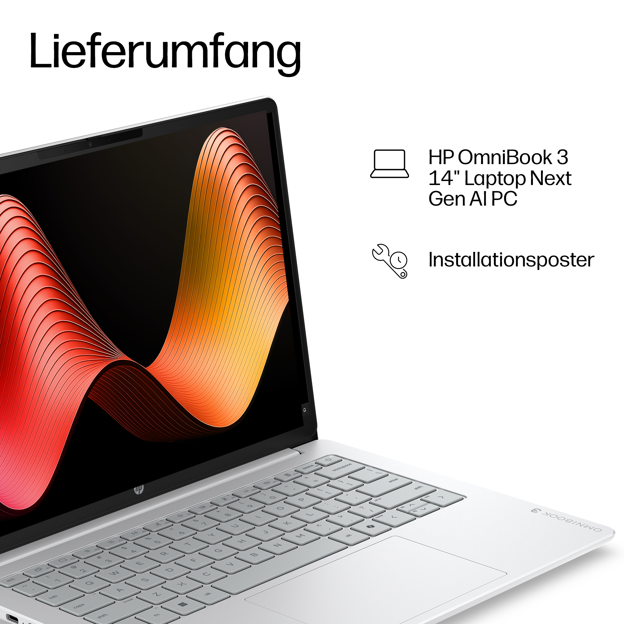 HP OmniBook 3 Laptop mit Installationsposter. Graues Tastaturdesign.