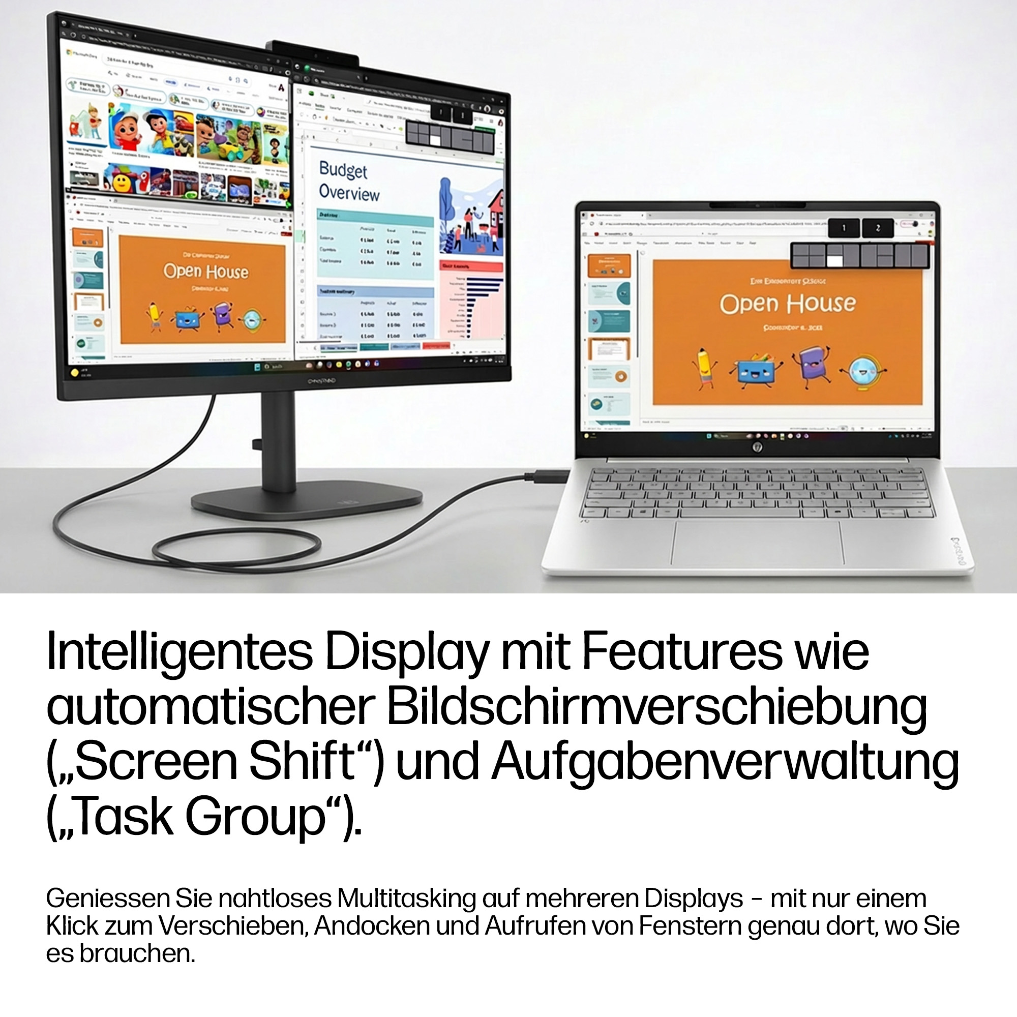 Ein Laptop und ein Monitor zeigen Präsentationen und Tabellen.