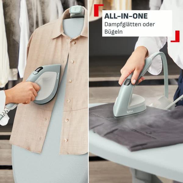 Ein Handdampfglätter wird verwendet, um ein Hemd und eine Hose zu glätten.
