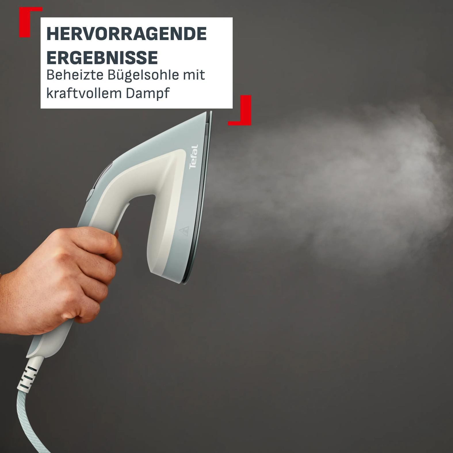 Eine Hand hält ein Bügeleisen, das Dampf abgibt. Text: Hervorragende Ergebnisse.