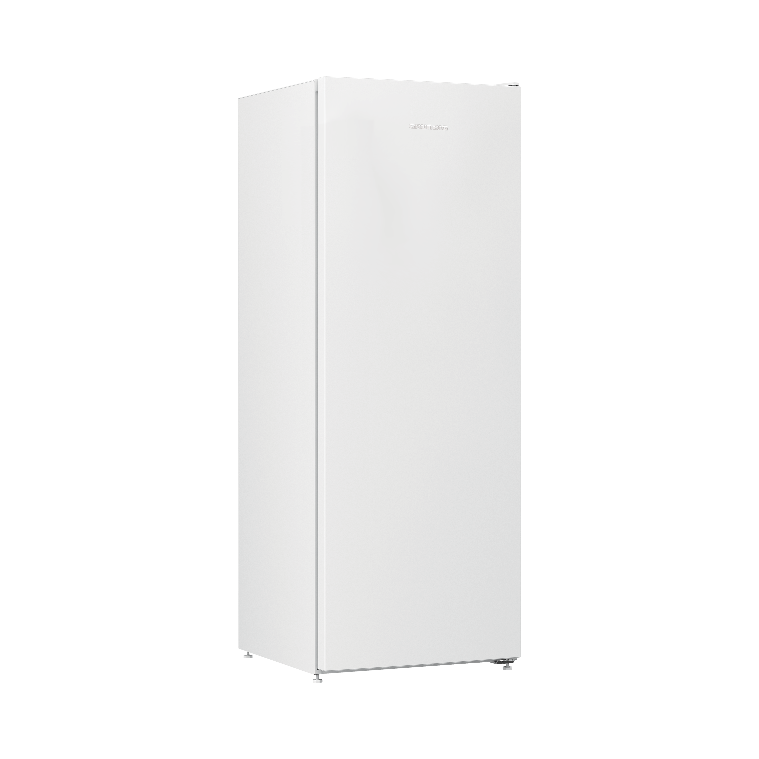 Grundig logosu sağ üstte bulunan beyaz, dikey buzdolabı.