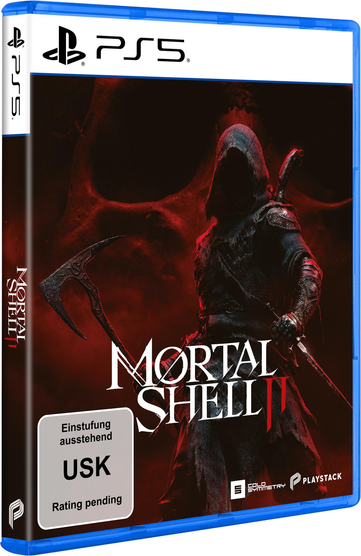 Cover der PS5-Spiel "Mortal Shell II" mit einer dunklen Gestalt und Äxten.