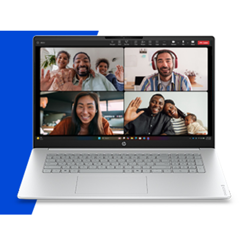 Laptop-Bildschirm zeigt einen Videoanruf mit vier verschiedenen Familien und winkenden Gruppen.
