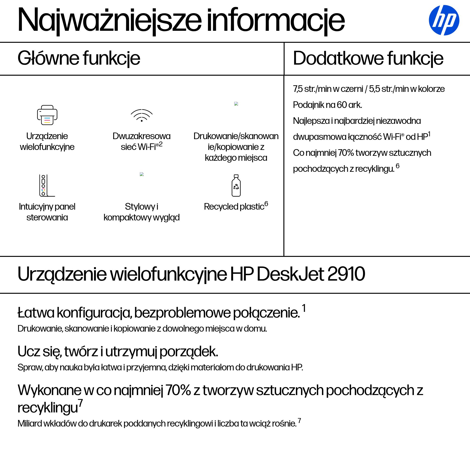 HP DeskJet 2910: Drukarka wielofunkcyjna z Wi-Fi dwuzakresowym, 70% plastiku z recyklingu.