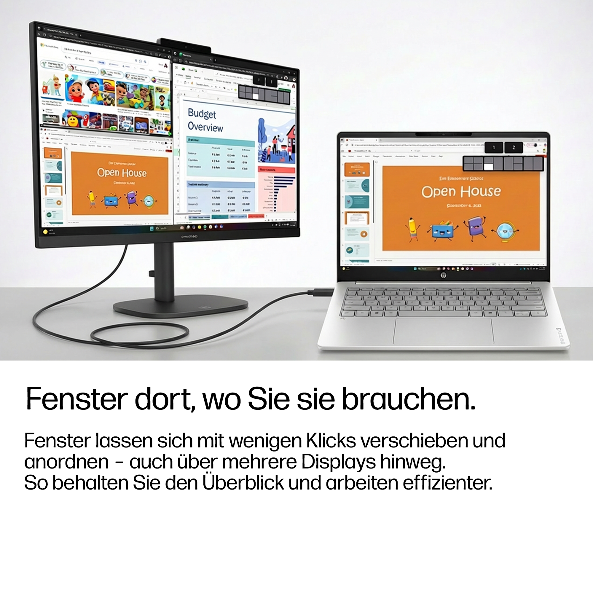 Ein Desktop-Monitor und ein Laptop zeigen verschiedene Fenster mit Präsentationen und Tabellen.