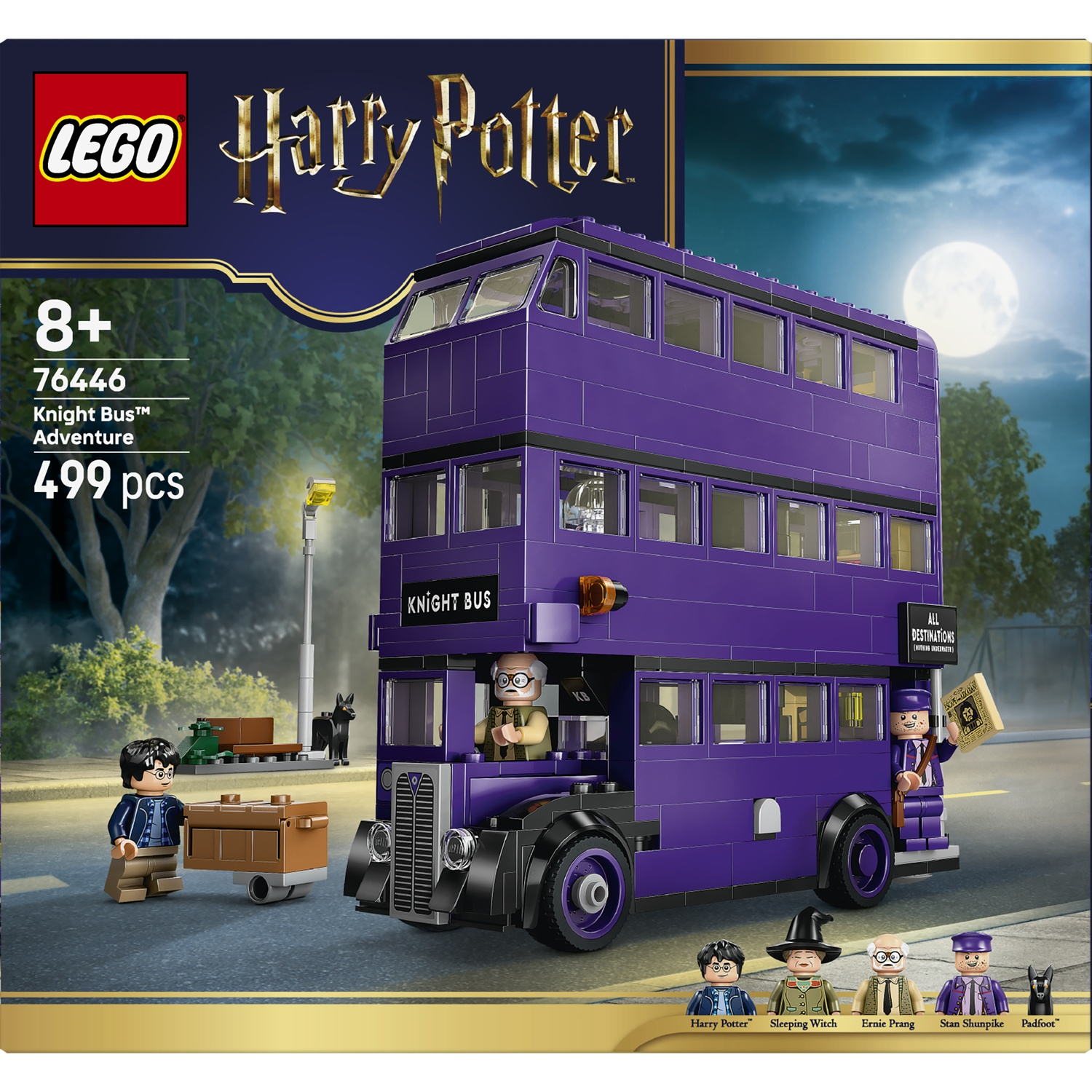 LEGO Harry Potter Knight Bus with figures, suitcase, and dog. Night scene with full moon.