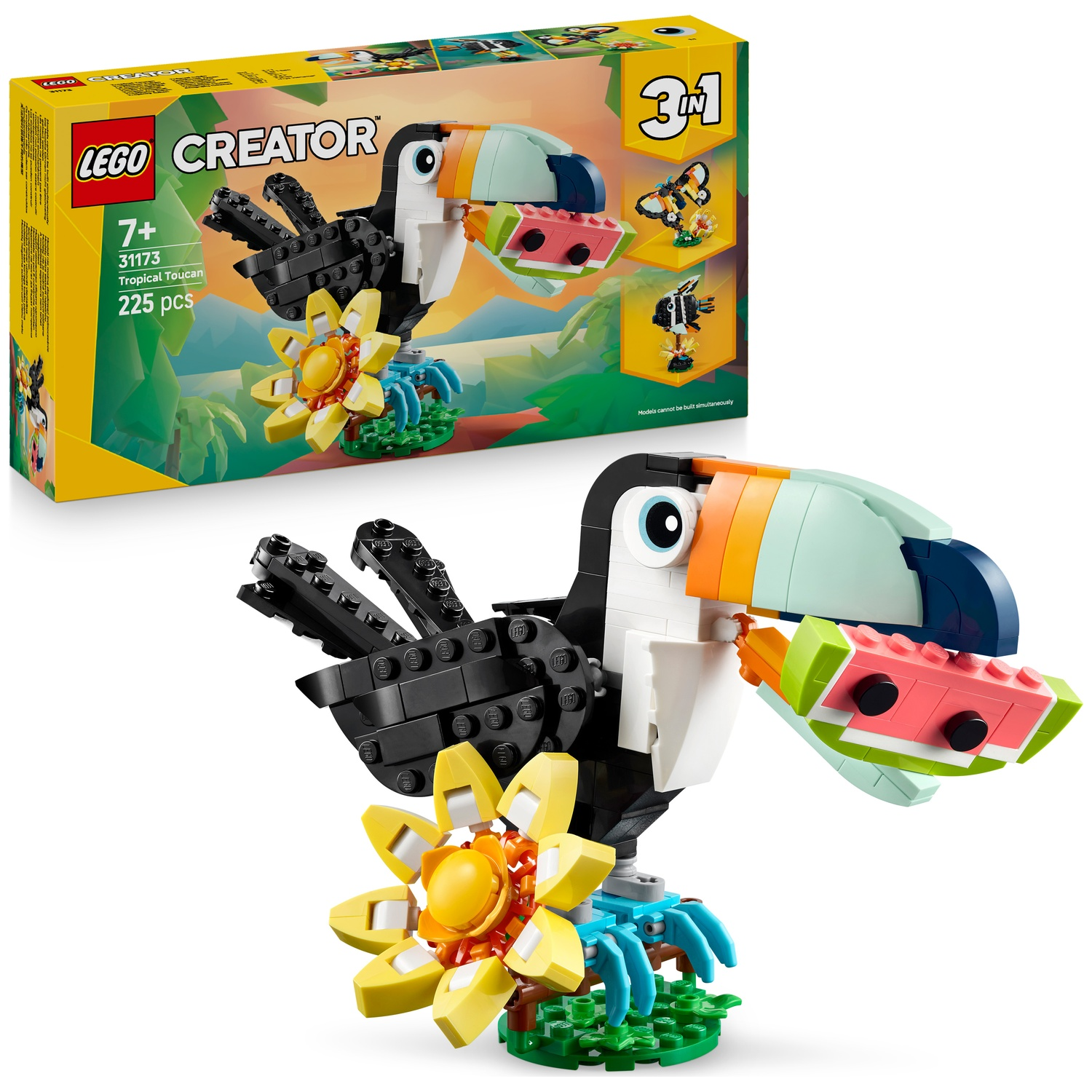 A LEGO toucan holding watermelon next to its flower. The box is beside it.