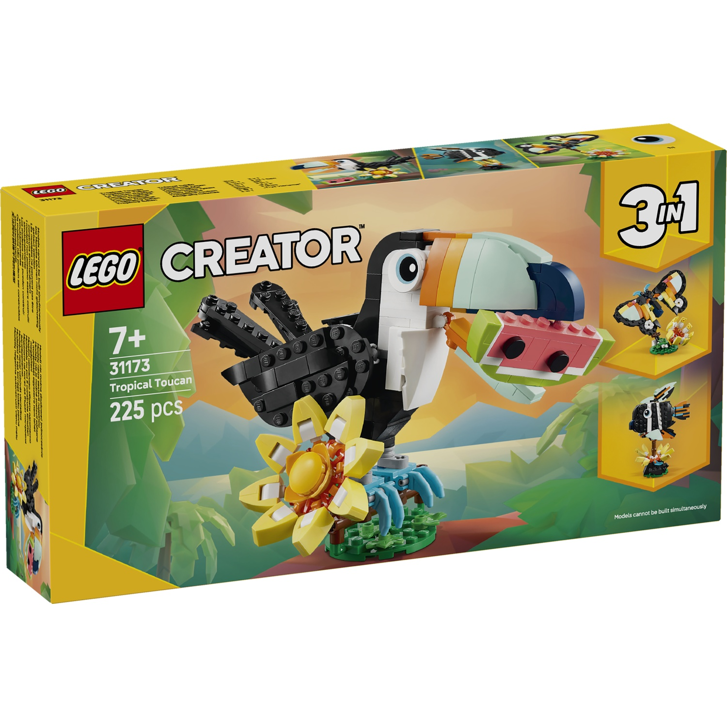 LEGO Creator box featuring a toucan with watermelon, a butterfly, and a fish.
