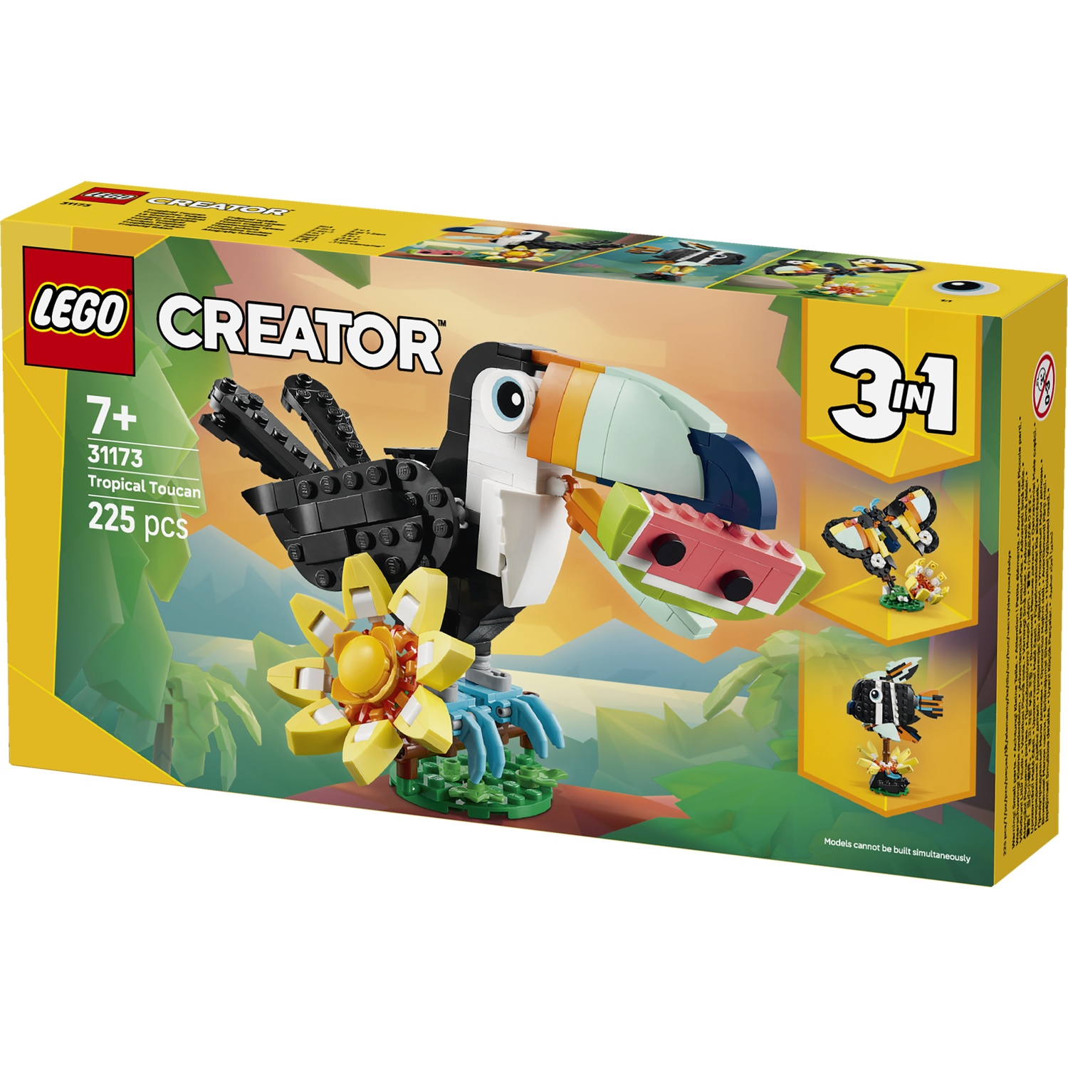 Lego Creator 3-in-1 Tropical Toucan set with instructions for toucan, butterfly, and fish.