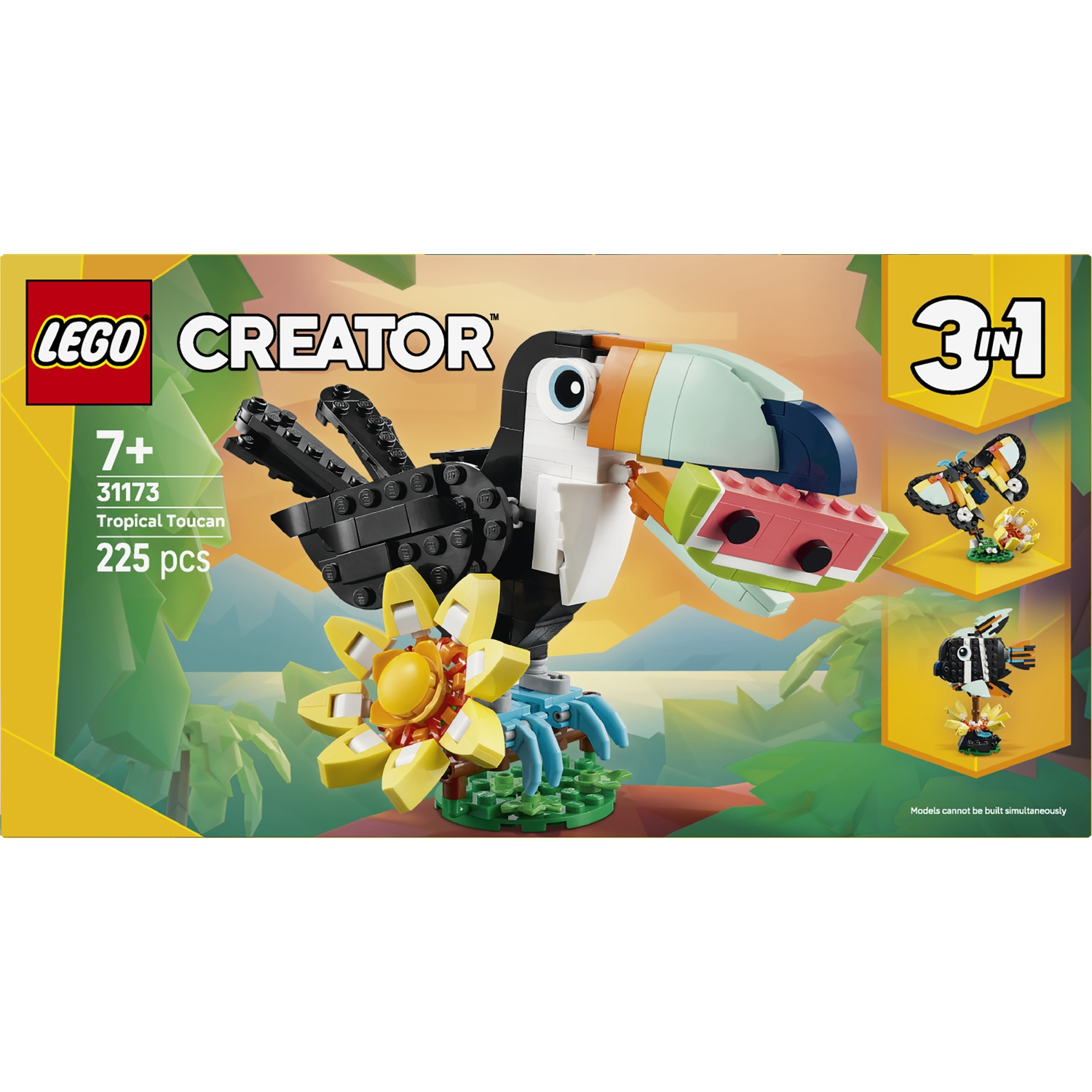 LEGO Creator 3-in-1 Set 31173 Tropical Toucan with toucan, butterfly, and fish.