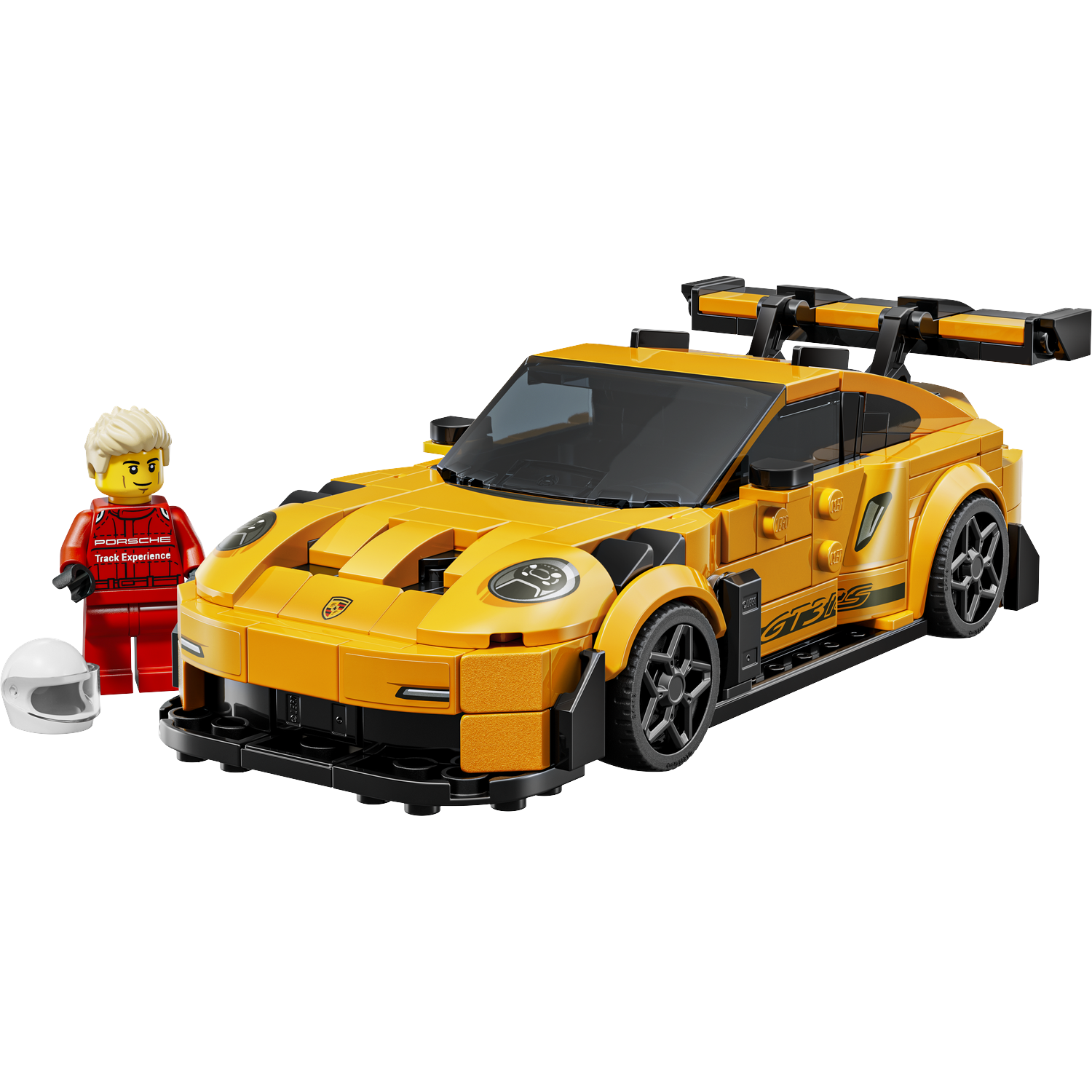 Porsche Lego jaune avec figurine de pilote et casque sur fond noir.