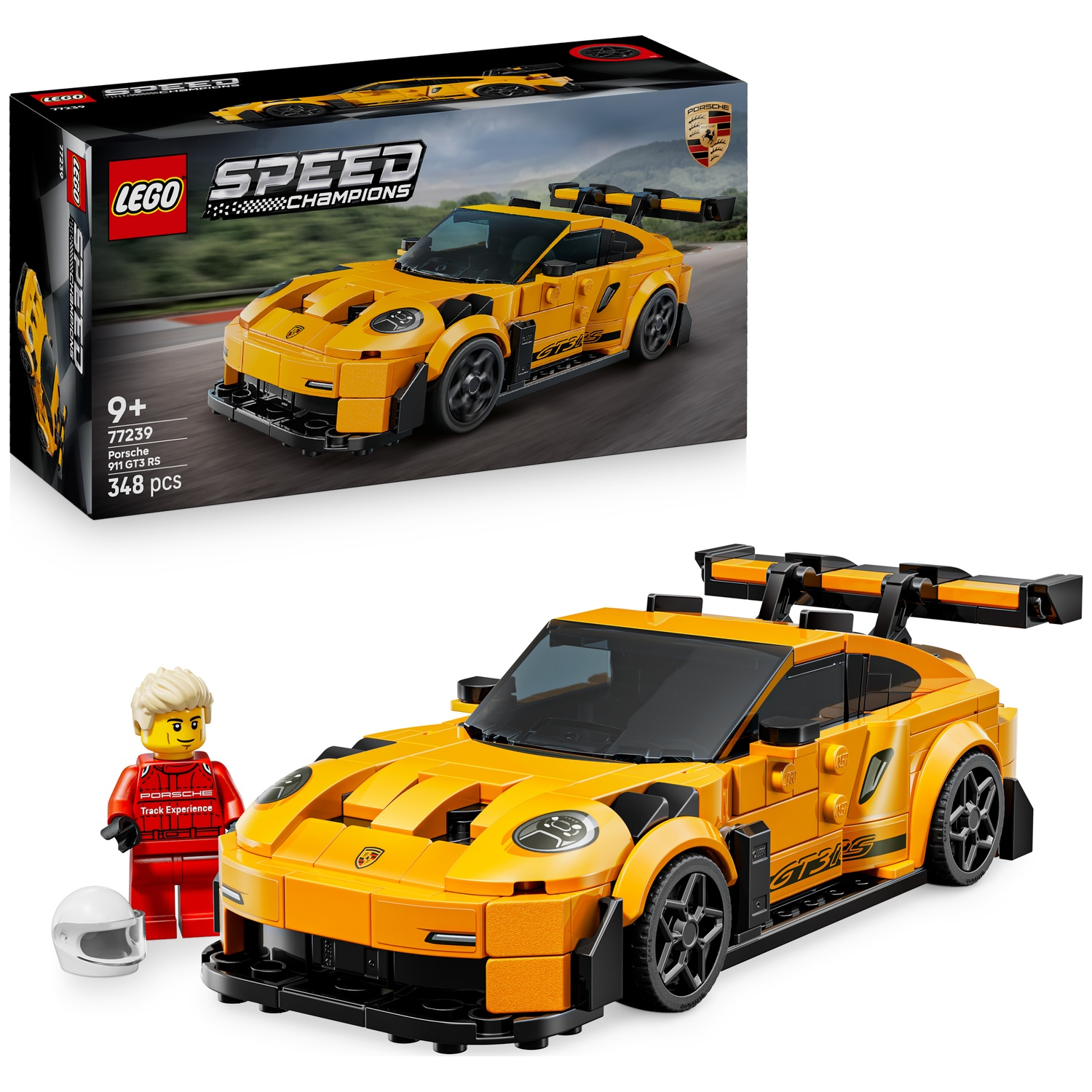 Une Porsche 911 GT3 RS LEGO jaune avec un pilote et un casque.