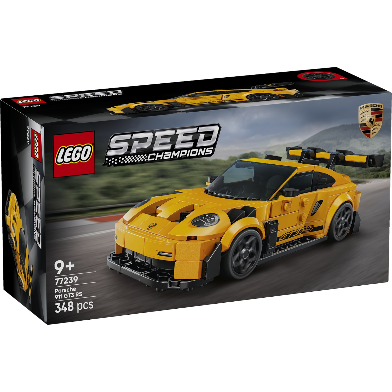 Boîte Lego Speed Champions Porsche 911 GT3 RS avec voiture jaune sur piste.