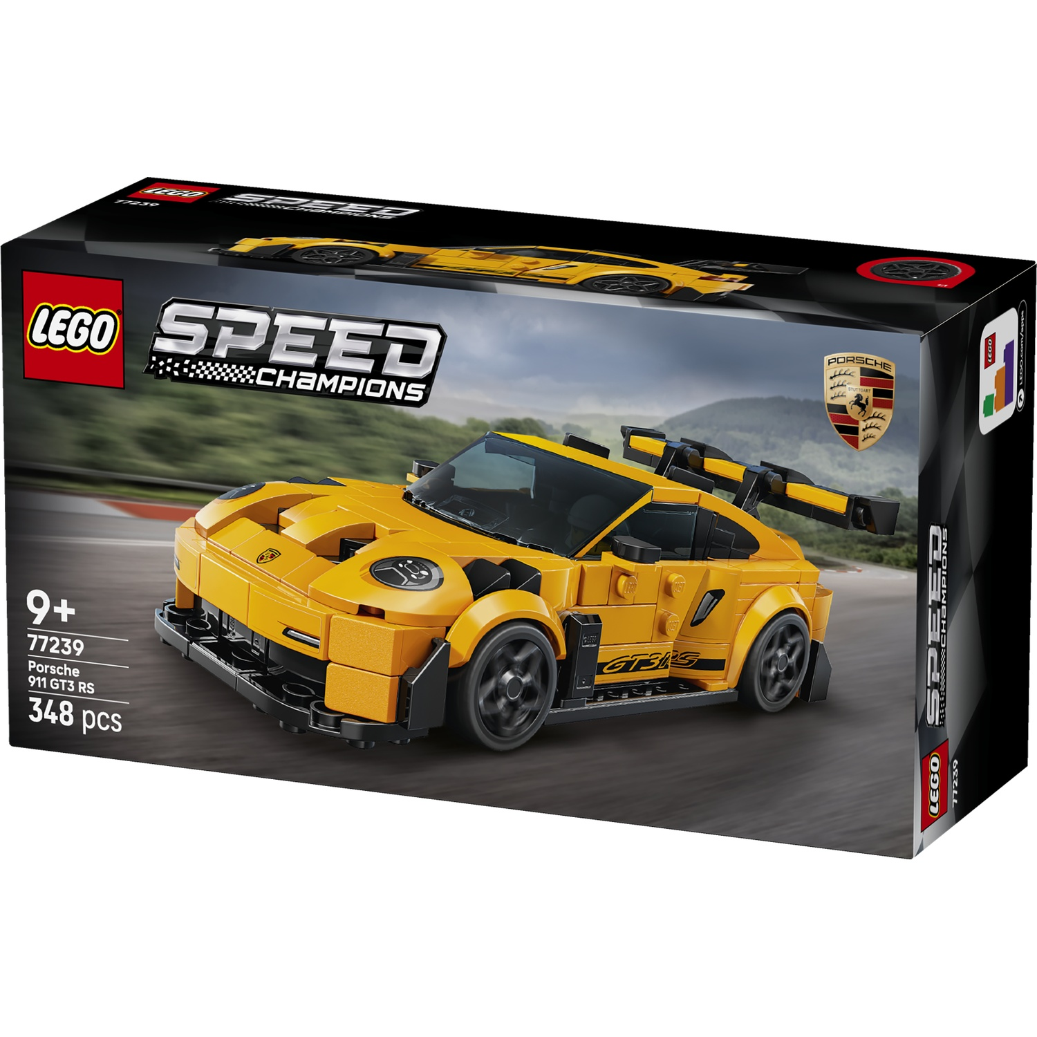 Maquette Lego Porsche 911 GT3 RS jaune pour voiture de course sur fond de piste.