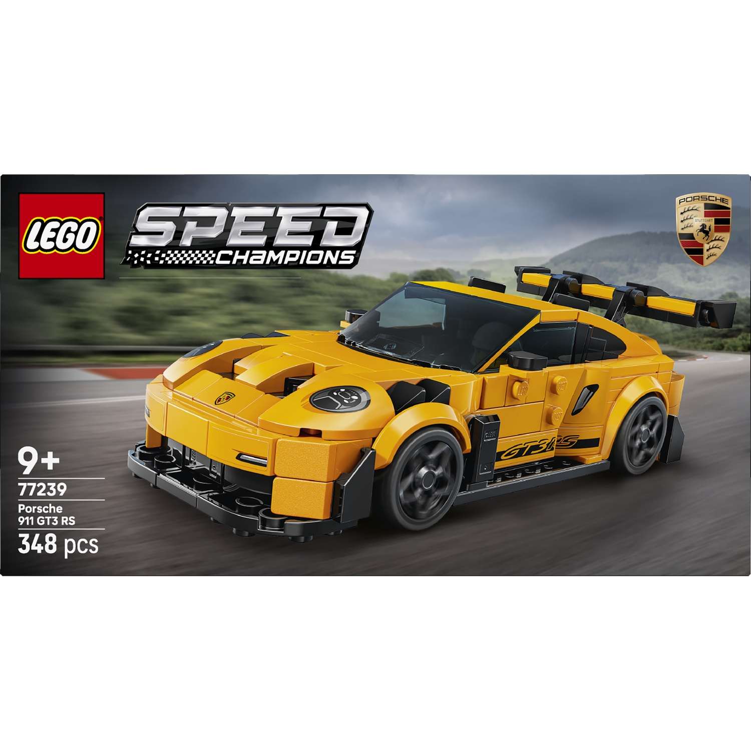 Lego Porsche 911 GT3 RS jaune sur circuit, Lego Speed Champions.