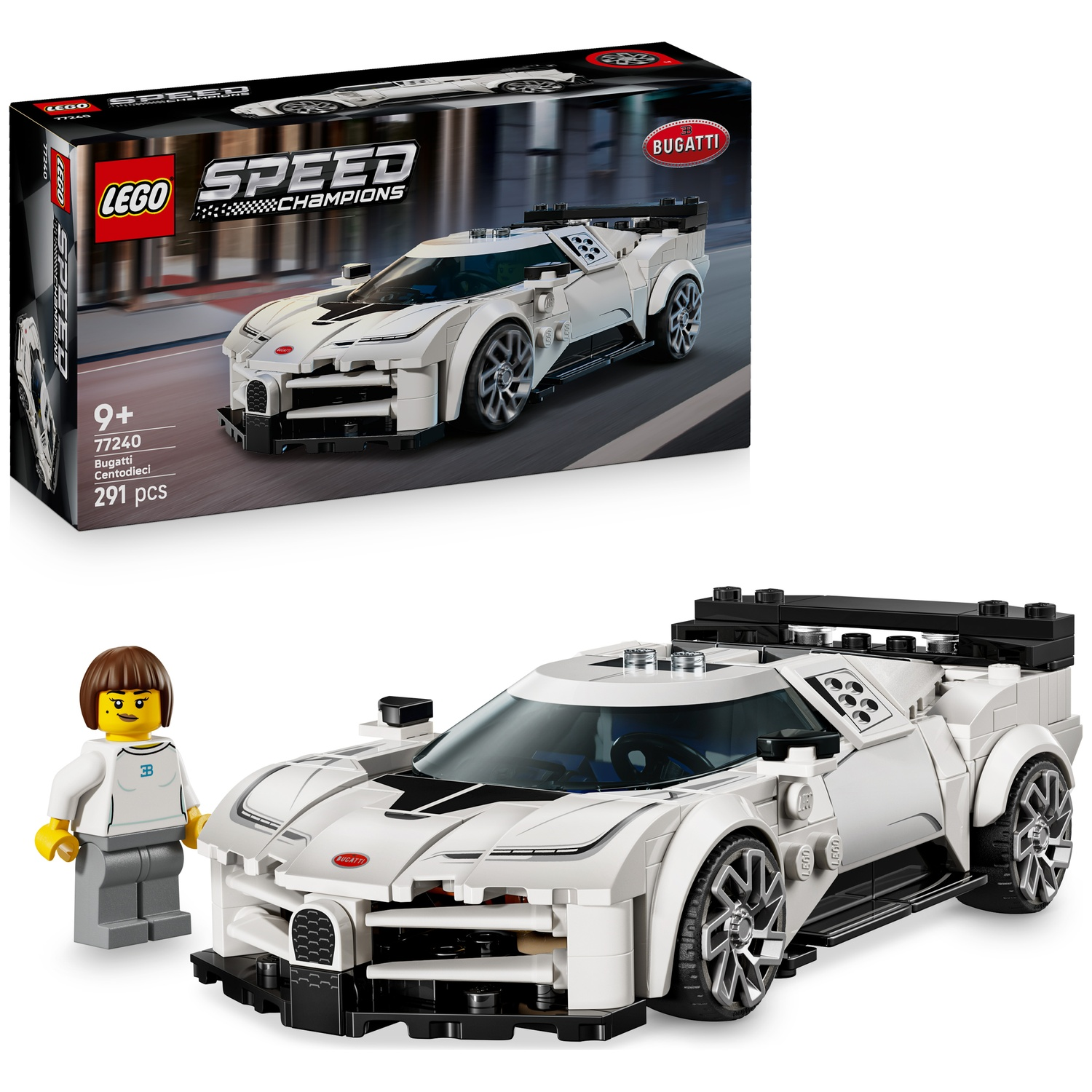 LEGO Bugatti Centodieci model en een minifiguur naast de doos.
