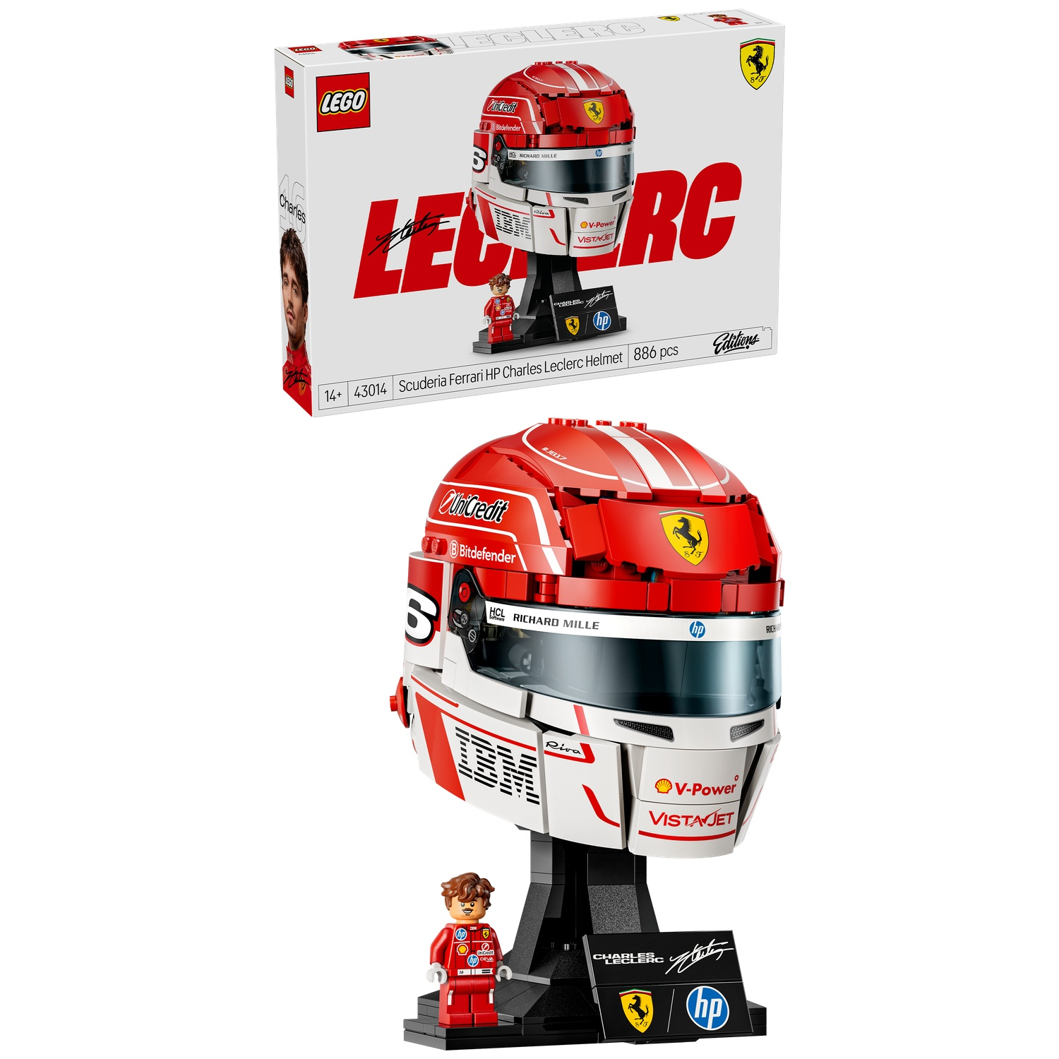 Lego model of a red and white Ferrari racing helmet on a stand with a minifigure.