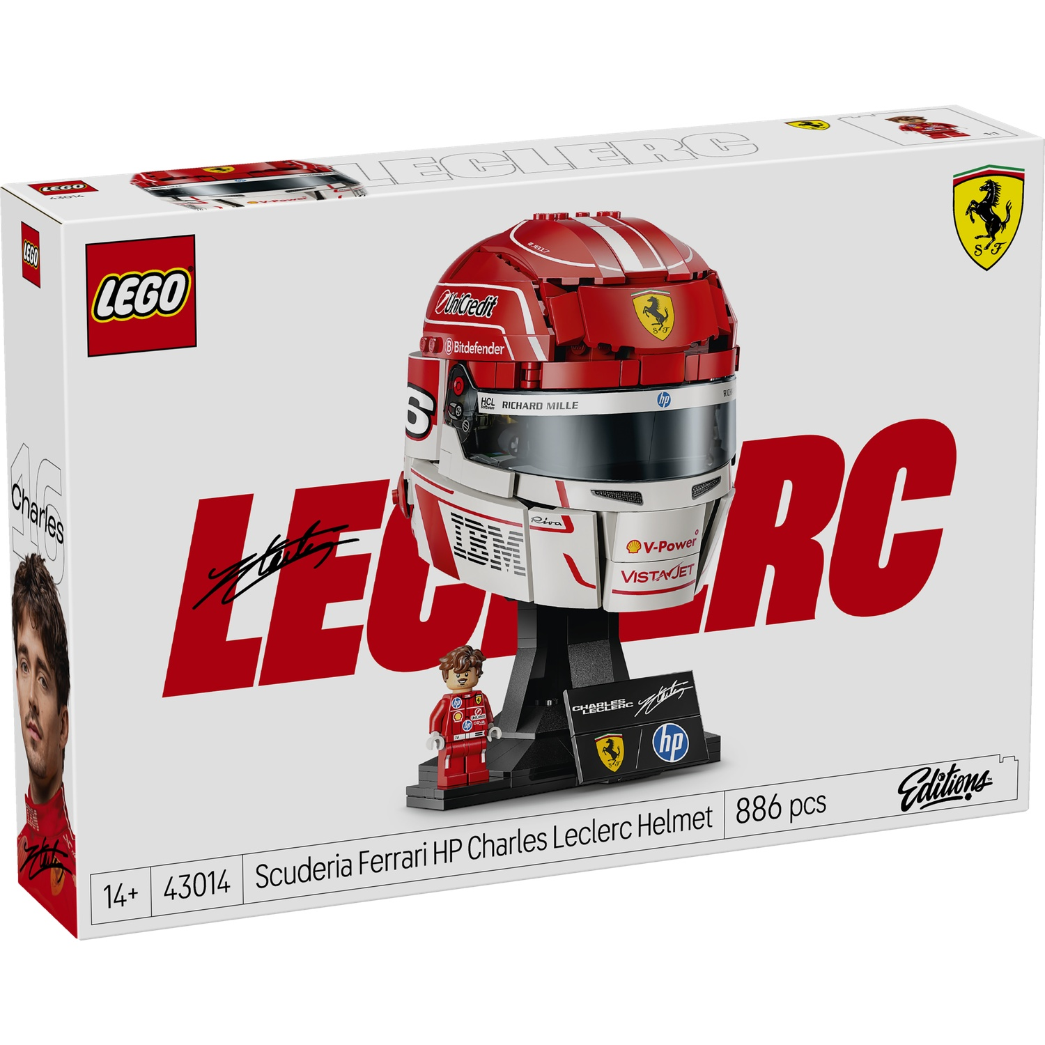 LEGO packaging showing Charles Leclerc's Ferrari helmet set, 886 pcs.
