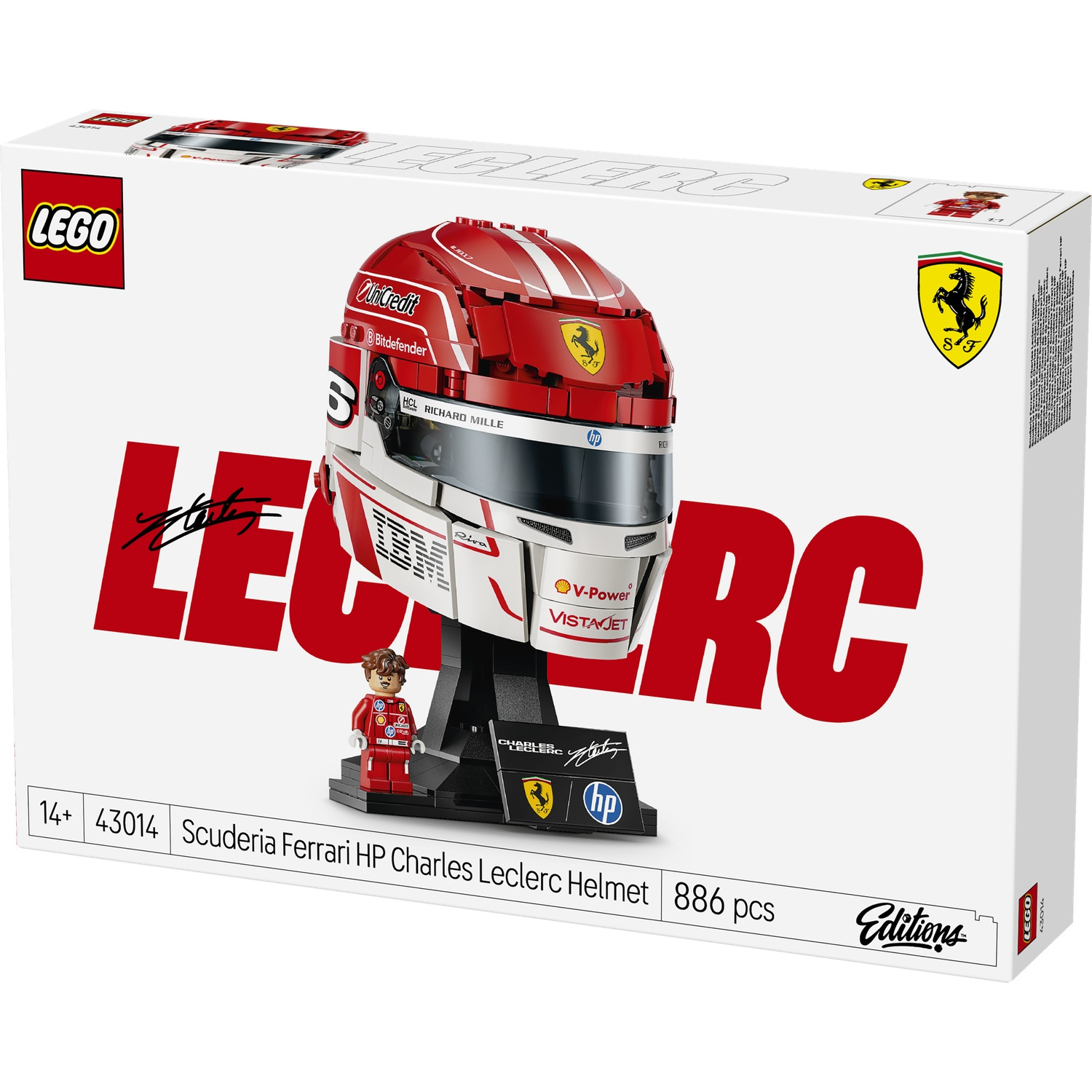 LEGO box showing a replica of Charles Leclerc's Ferrari helmet and minifigure.