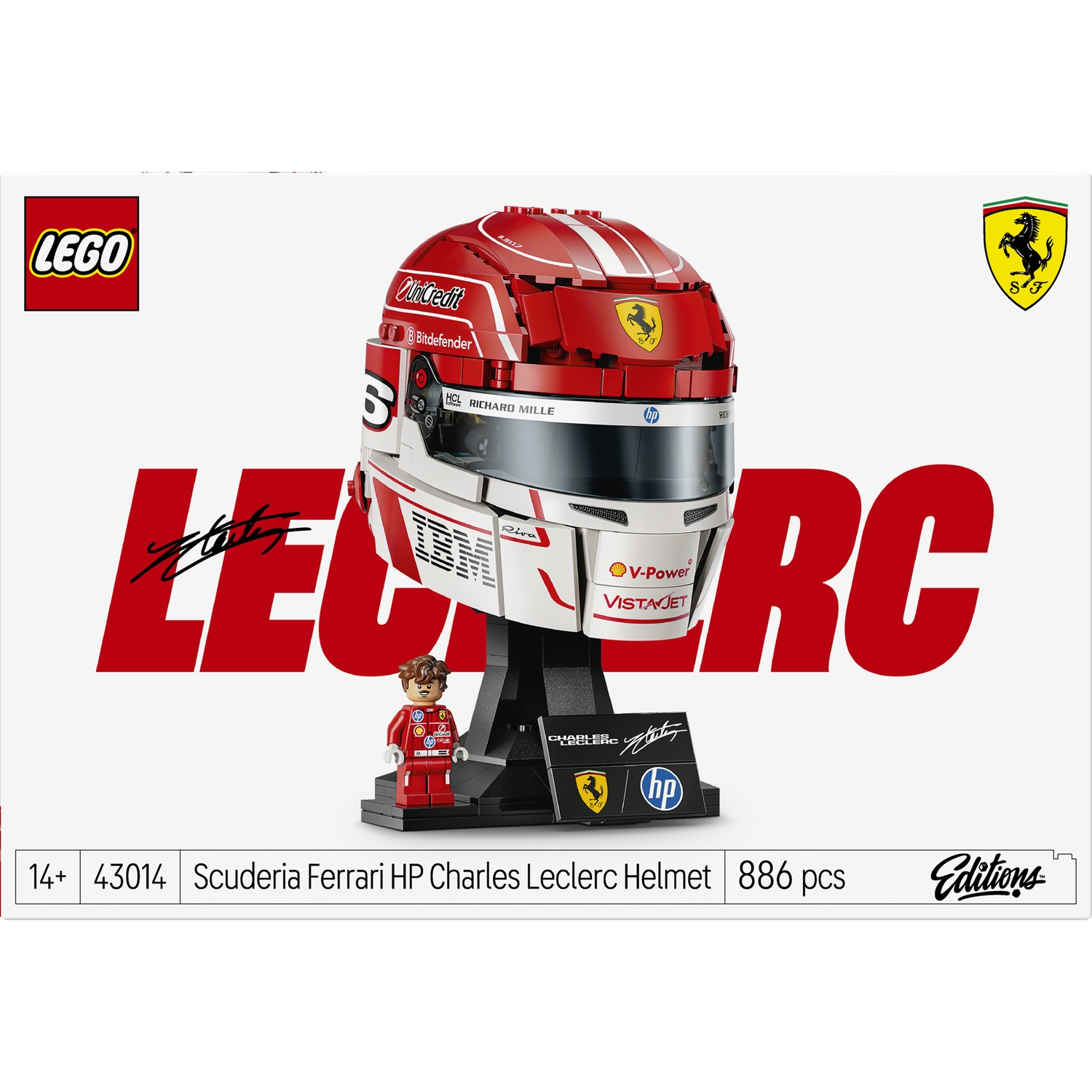 LEGO set: Charles Leclerc's Ferrari helmet with figure and 886 pieces.
