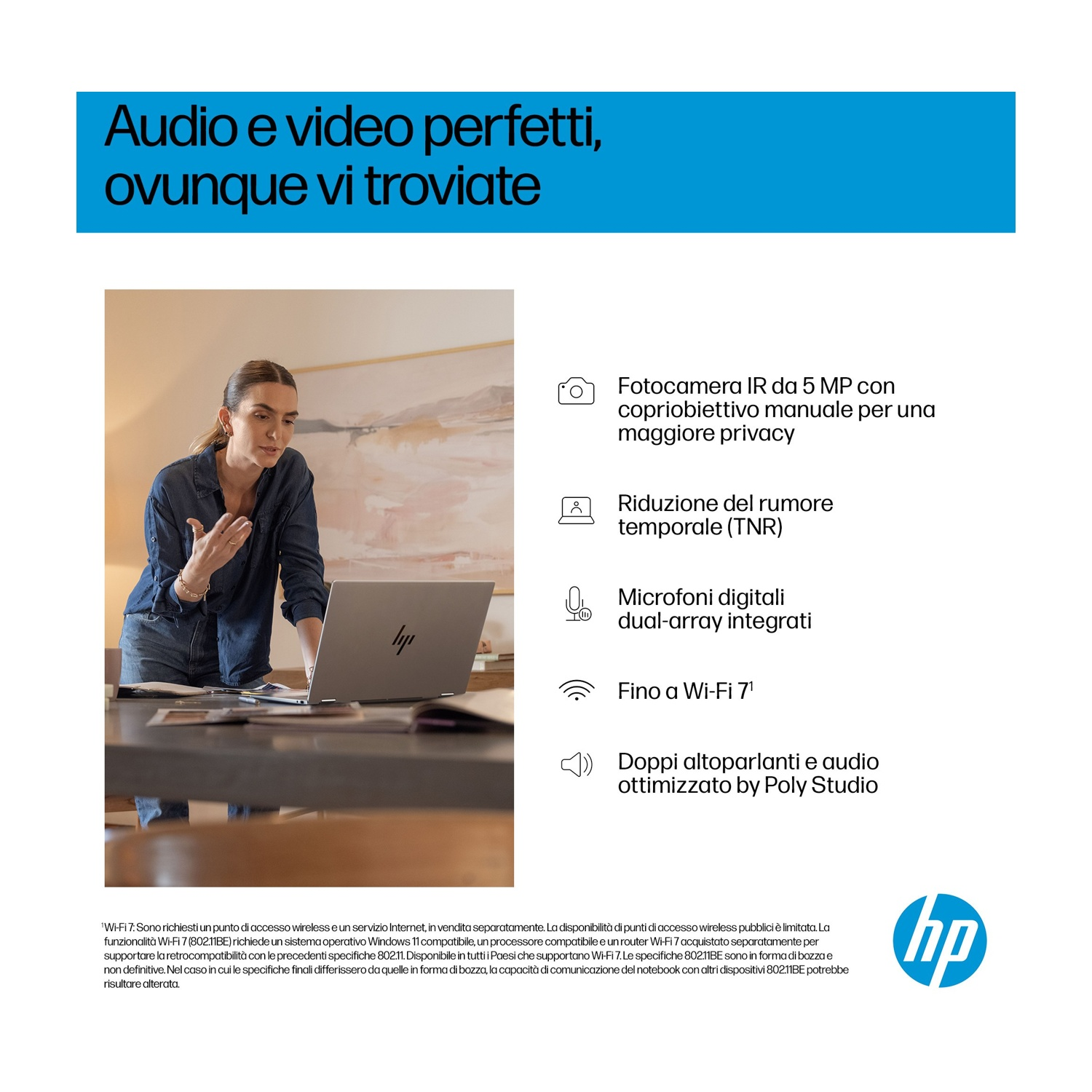 Donna con laptop, caratteristiche: fotocamera IR 5MP, riduzione rumore, microfoni, Wi-Fi 7.