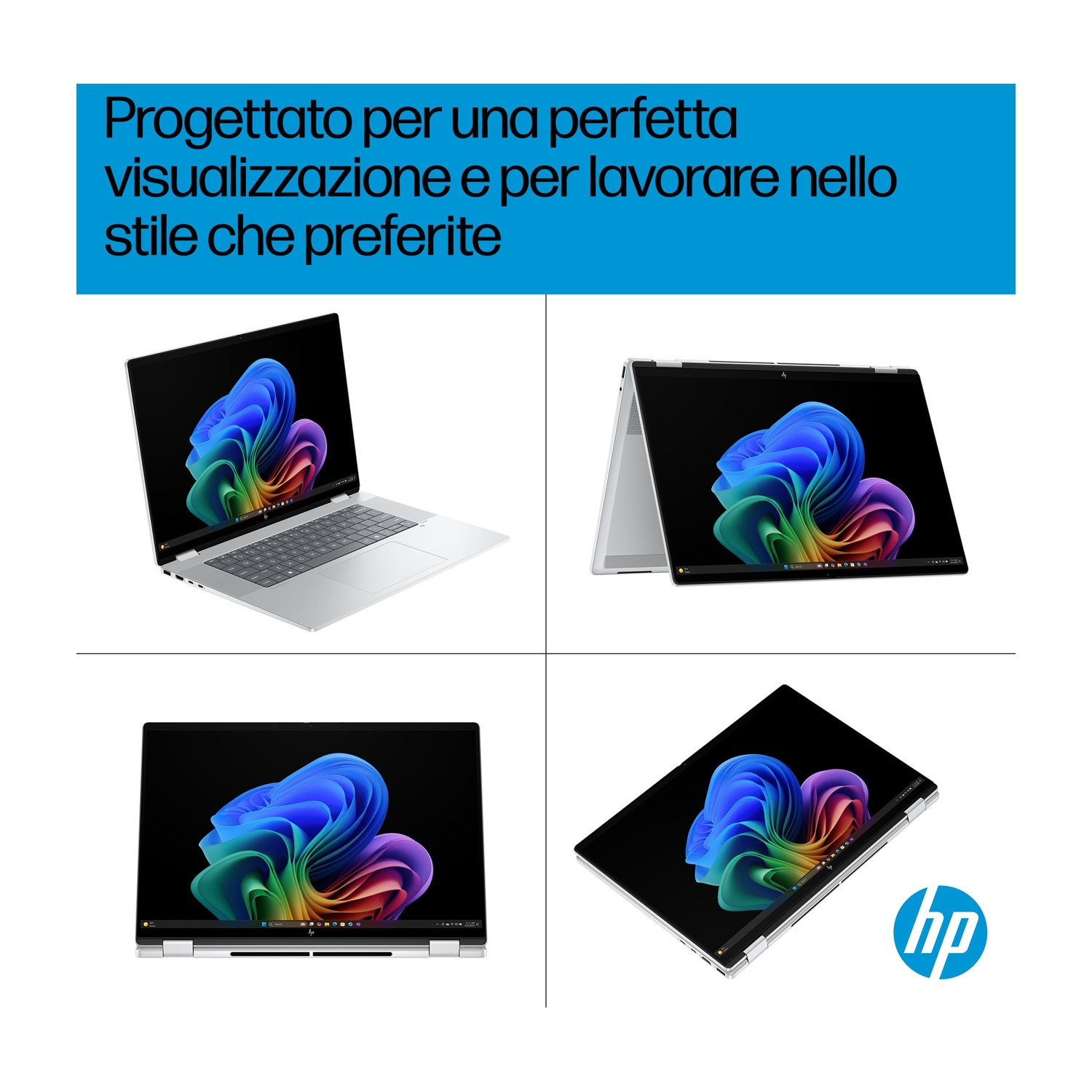 Quattro viste di un laptop HP argentato con uno sfondo colorato.
