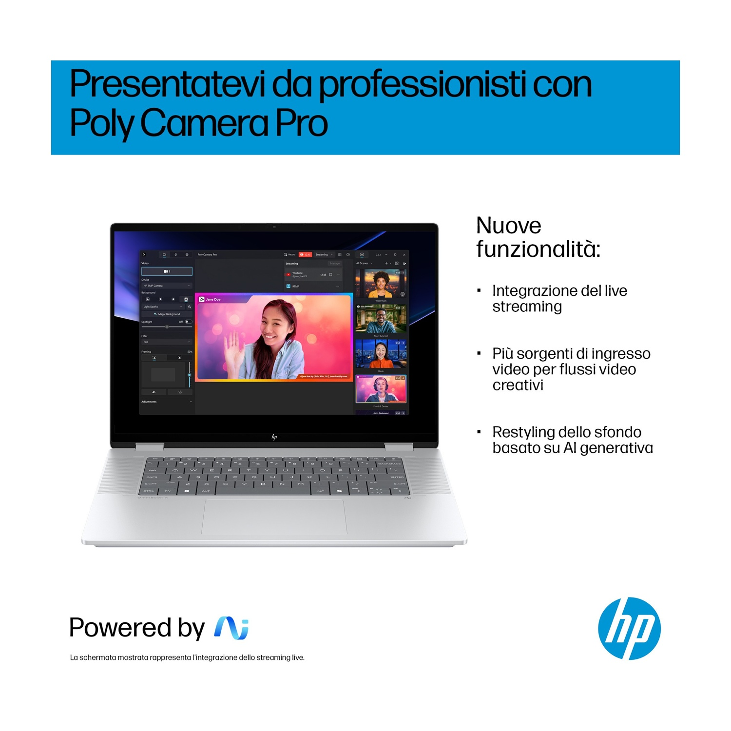 Un laptop mostra il software Poly Camera Pro con funzioni di videoconferenza e streaming.