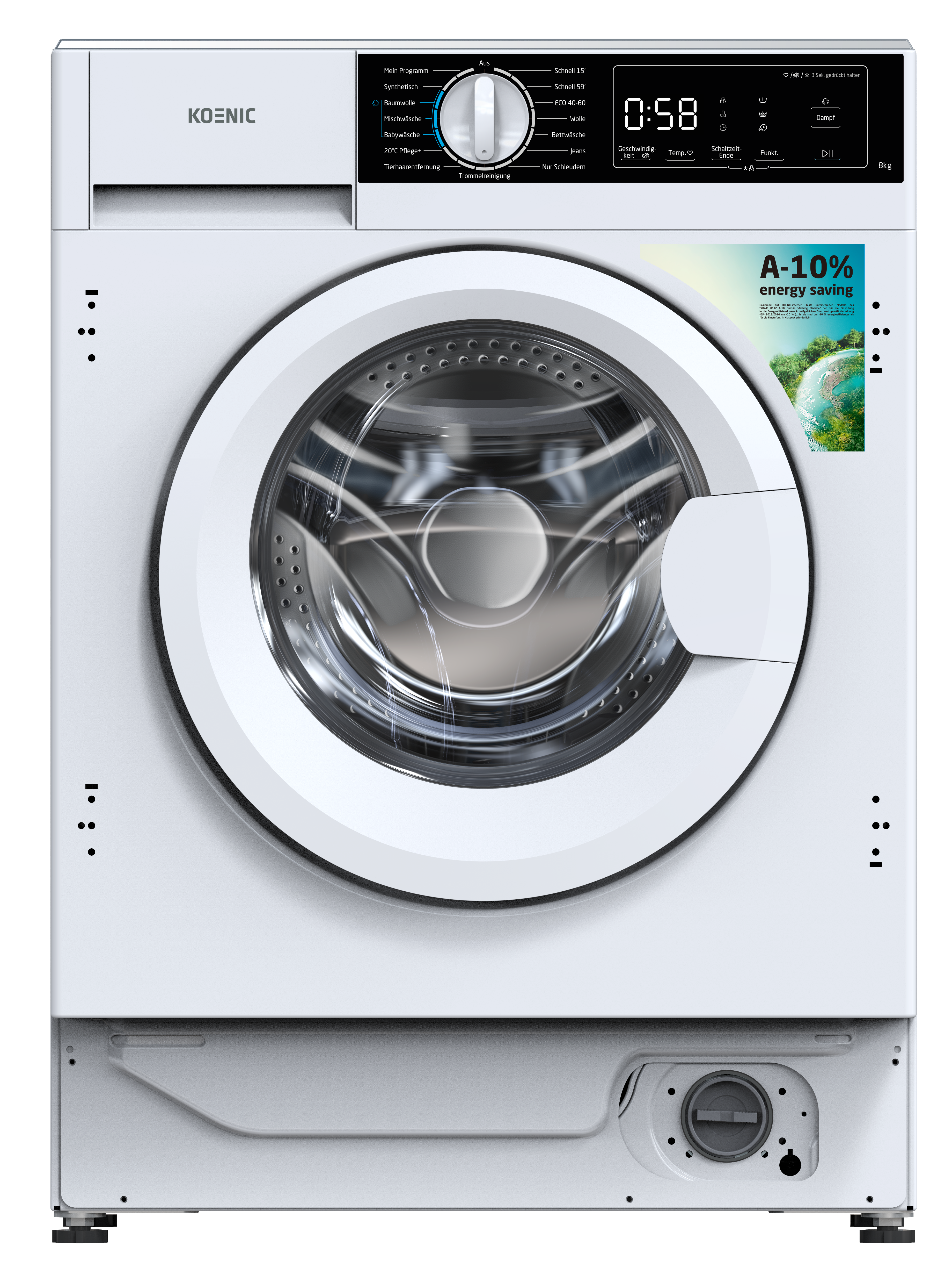 Eine weiße Waschmaschine mit digitaler Anzeige und einem runden Bullauge.