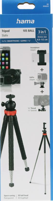 Hama 105 BALL tripod, akıllı telefon/GoPro adaptörlü, 3'ü 1 arada işlevsel.