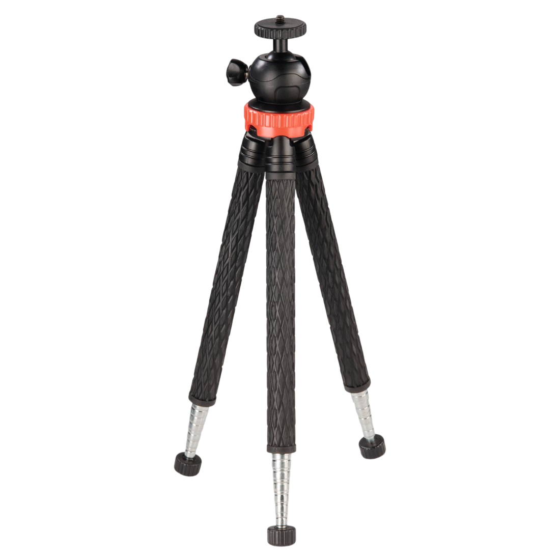 Kırmızı halkalı ve gümüş ayaklı siyah esnek tripod.