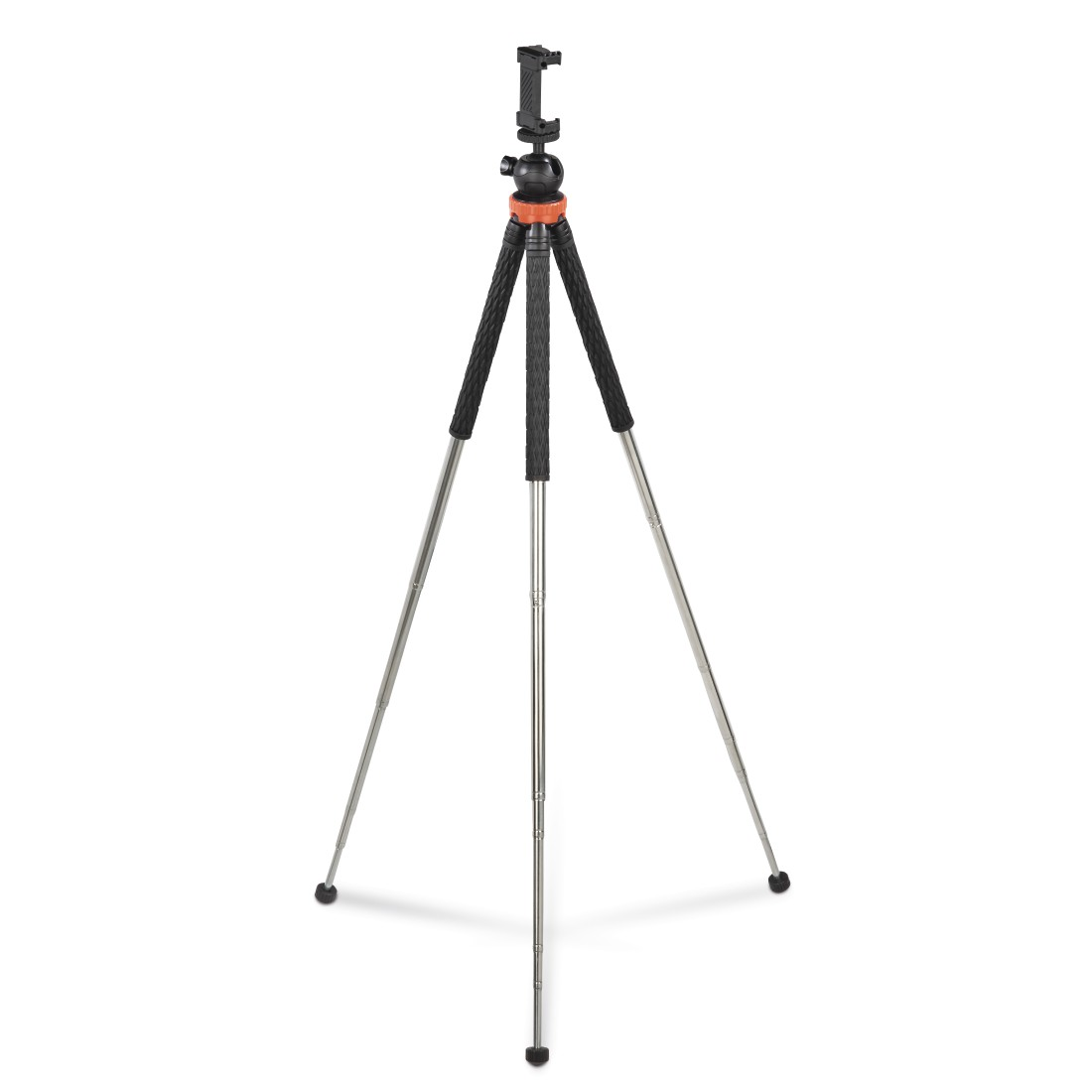 Siyah ve gümüş rengi, telefon tutuculu uzatılabilir tripod.