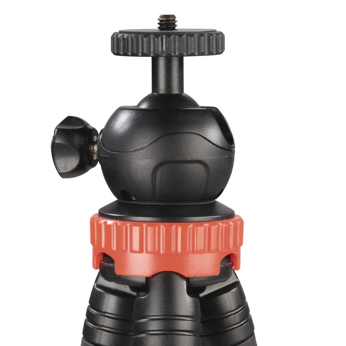 Kırmızı halkalı ve tripod vidalı siyah bilyalı kafa yakın çekimi.
