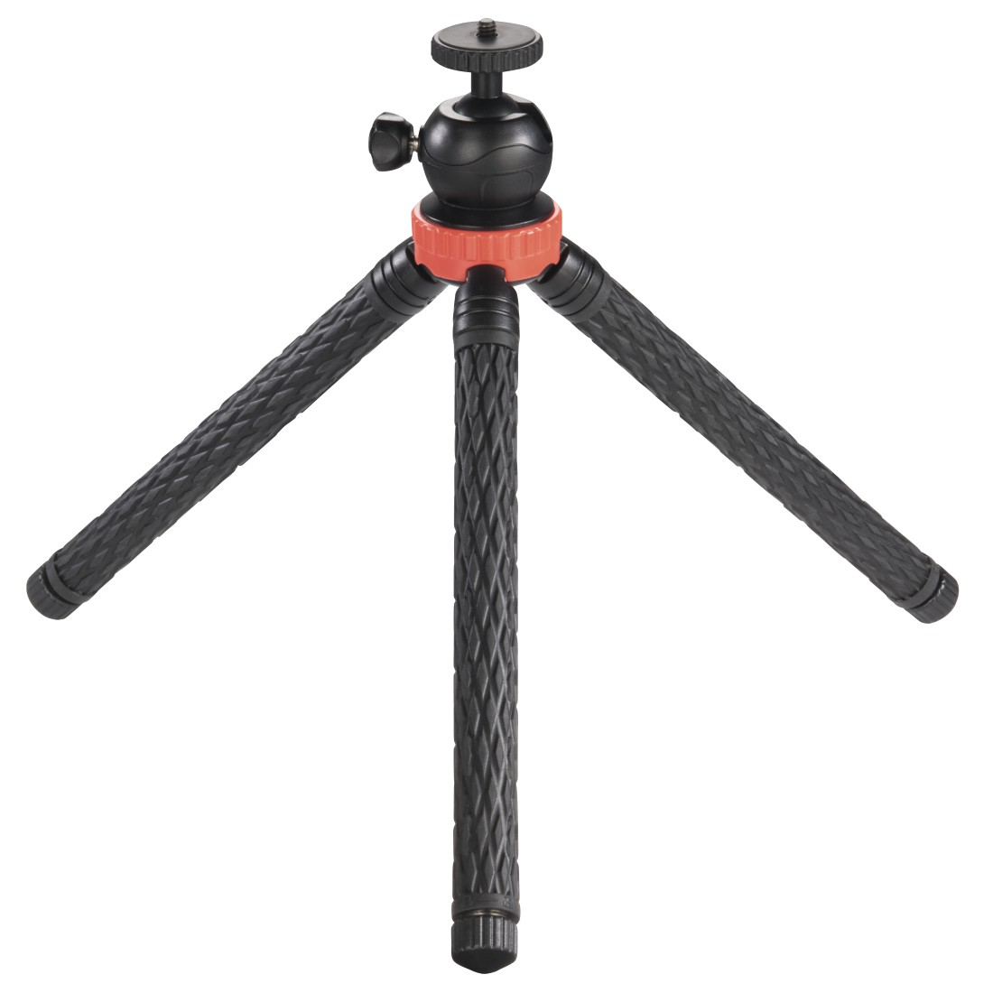 Kırmızı halkalı ve bilyalı başlıklı esnek siyah tripod.