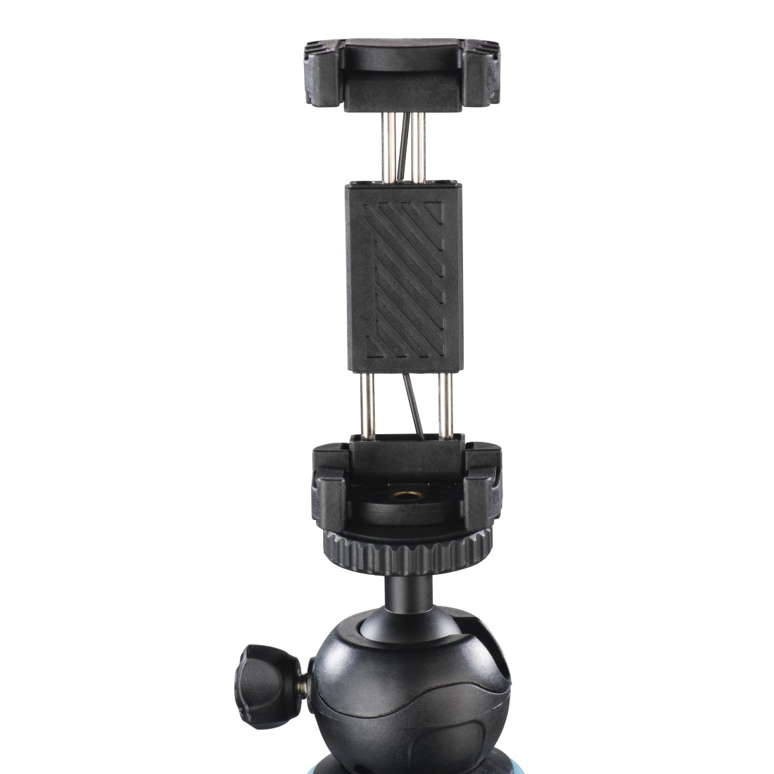 Siyah telefon tutucu, tırtıklı düğmeli tripod bilyalı başlığı üzerinde.