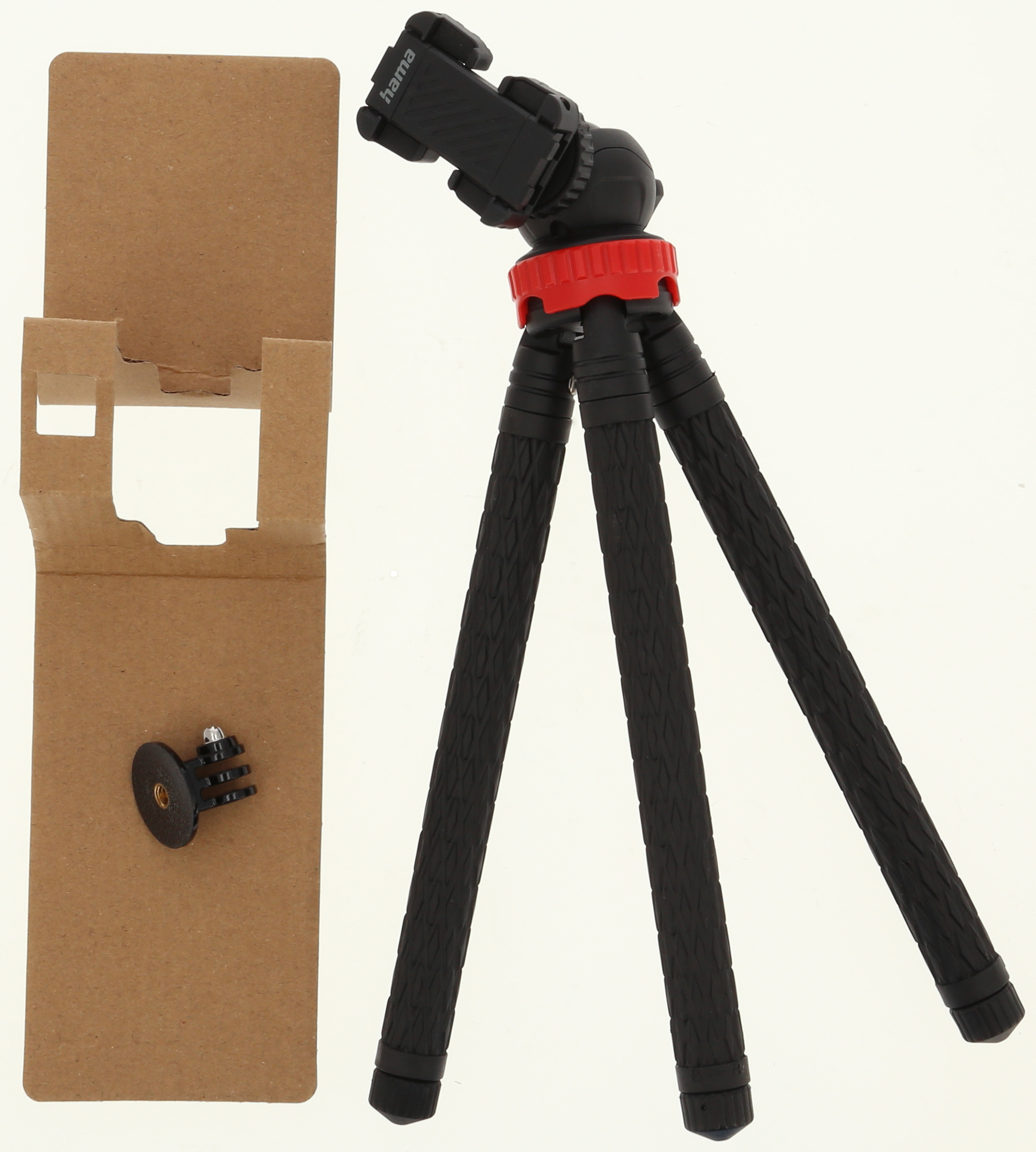 Kırmızı kelepçeli ve kahverengi ambalajlı esnek siyah Hama tripod.