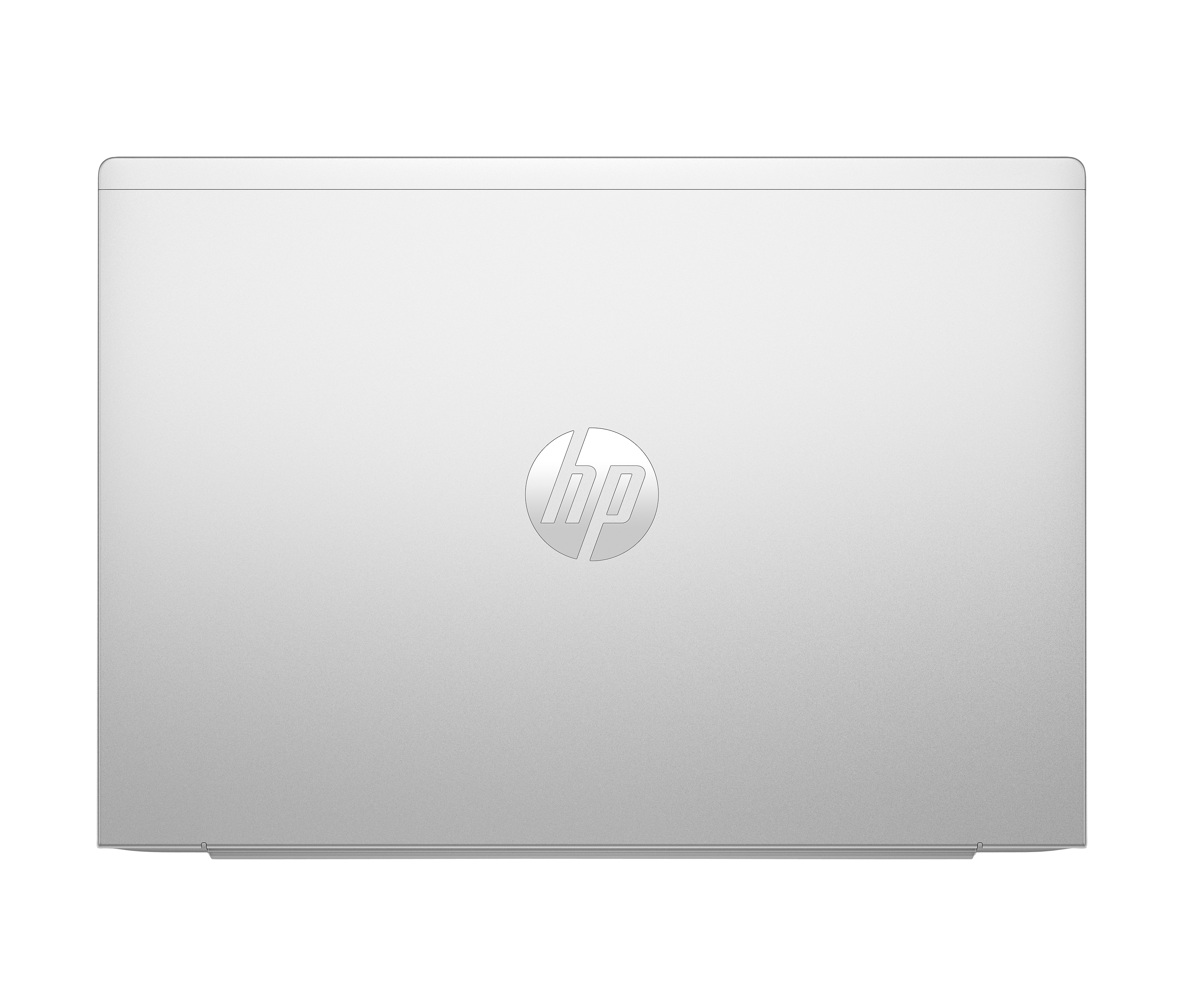 Srebrny laptop z logo HP na pokrywie.