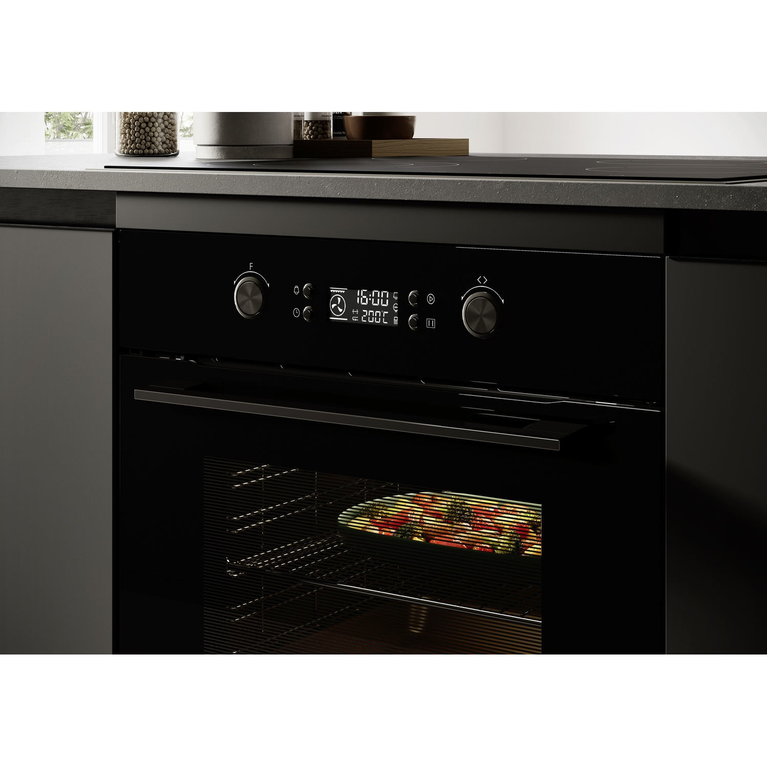 Un forno nero moderno con display digitale (16:00, 200C). Una pizza cuoce all'interno.