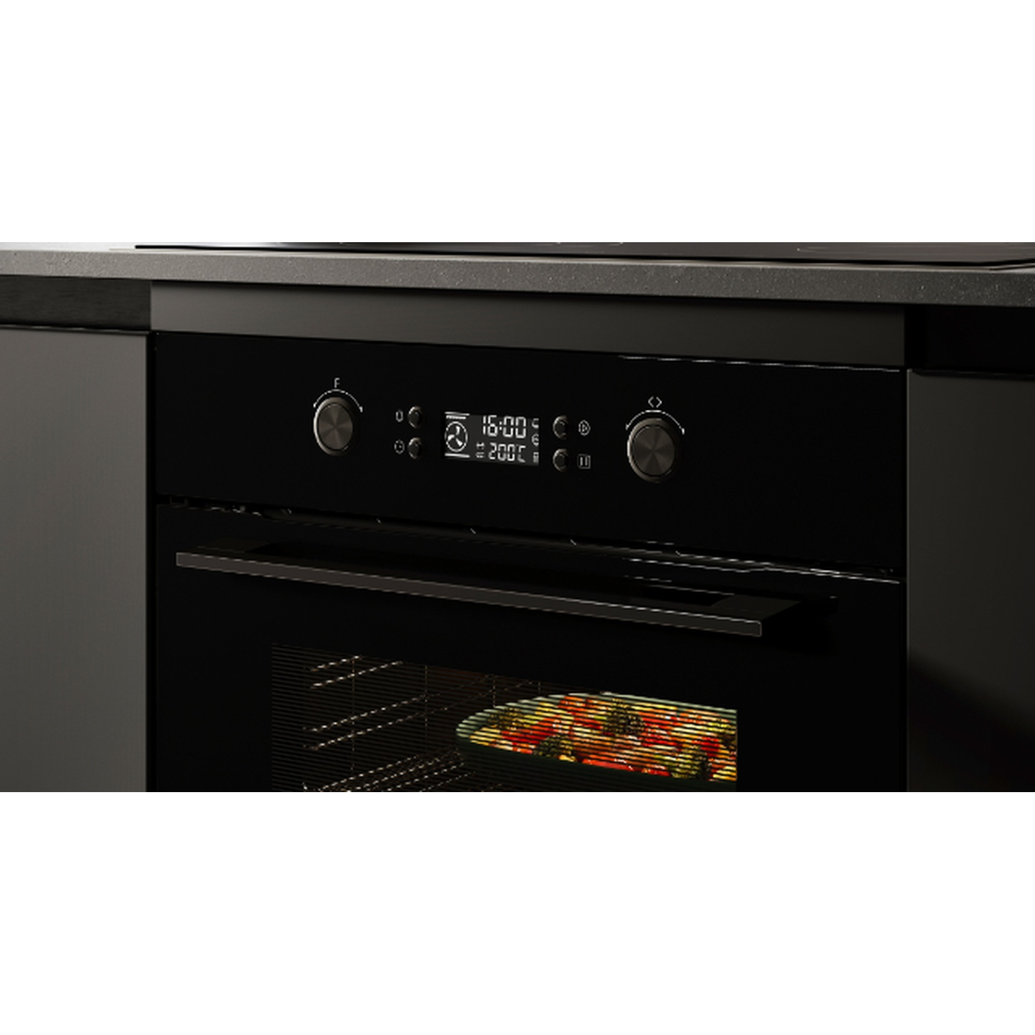 Un forno nero con display digitale e cibo che cuoce all'interno.