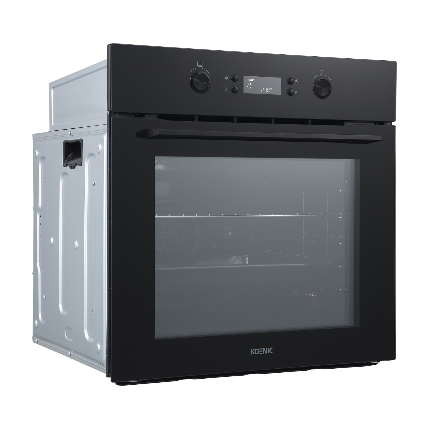 Un forno da incasso nero con porta a vetro e cassa argentata.