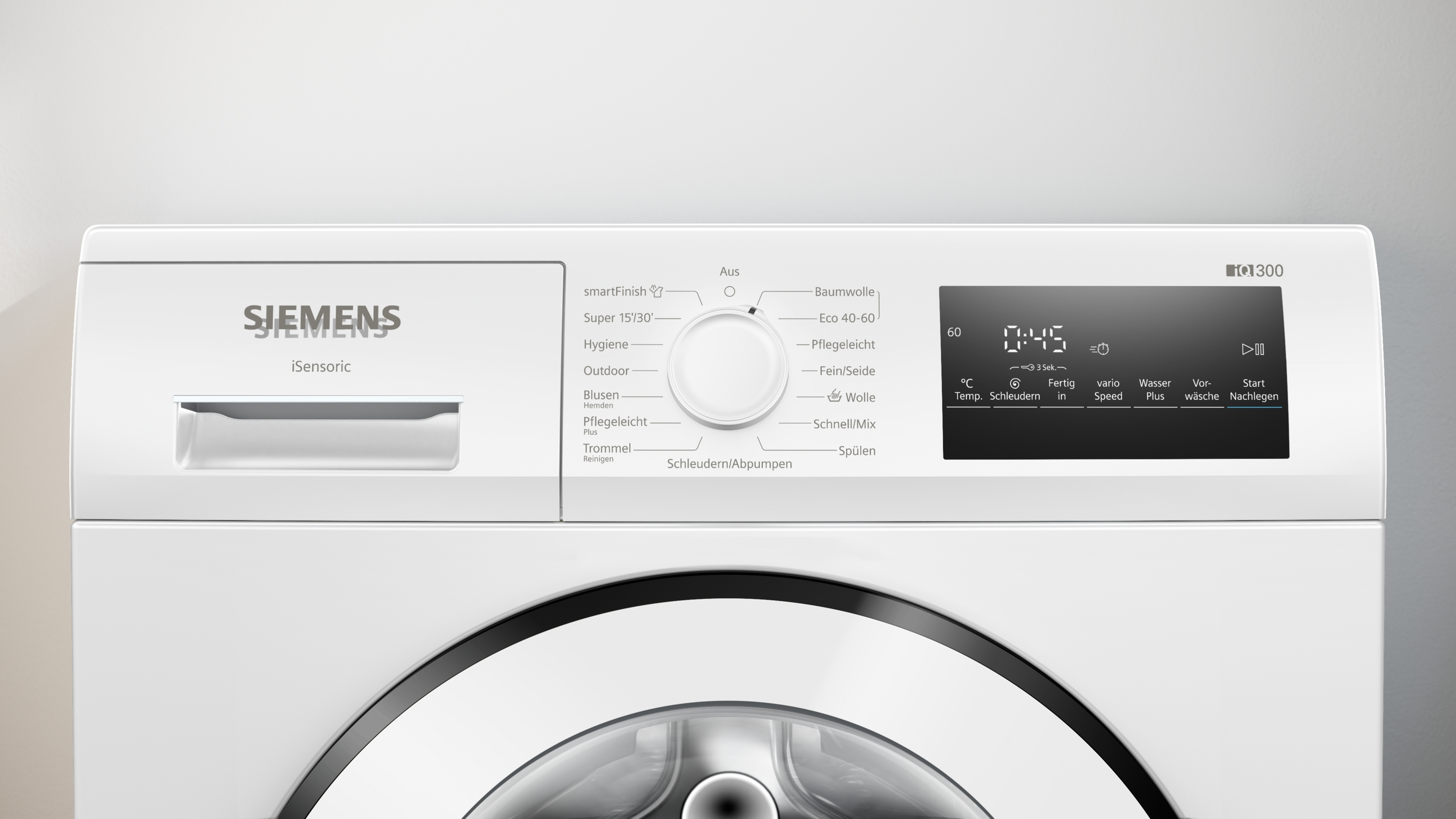Eine weiße Siemens Waschmaschine mit digitalem Display und Bedienfeld.